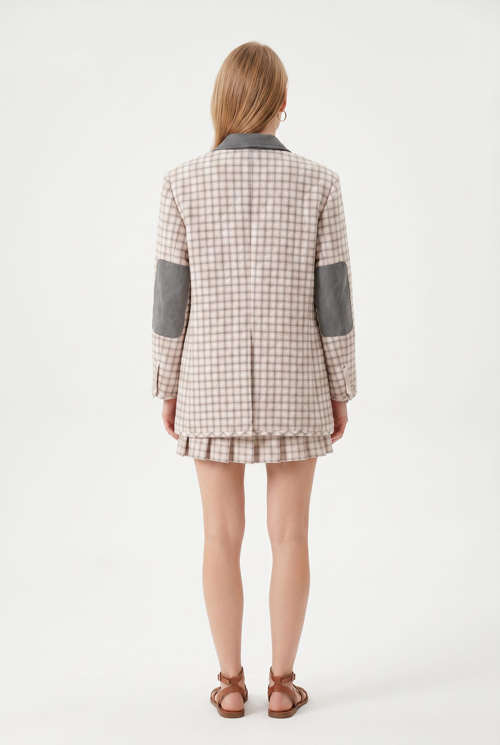 Beige Check Blazer with Grey Collar