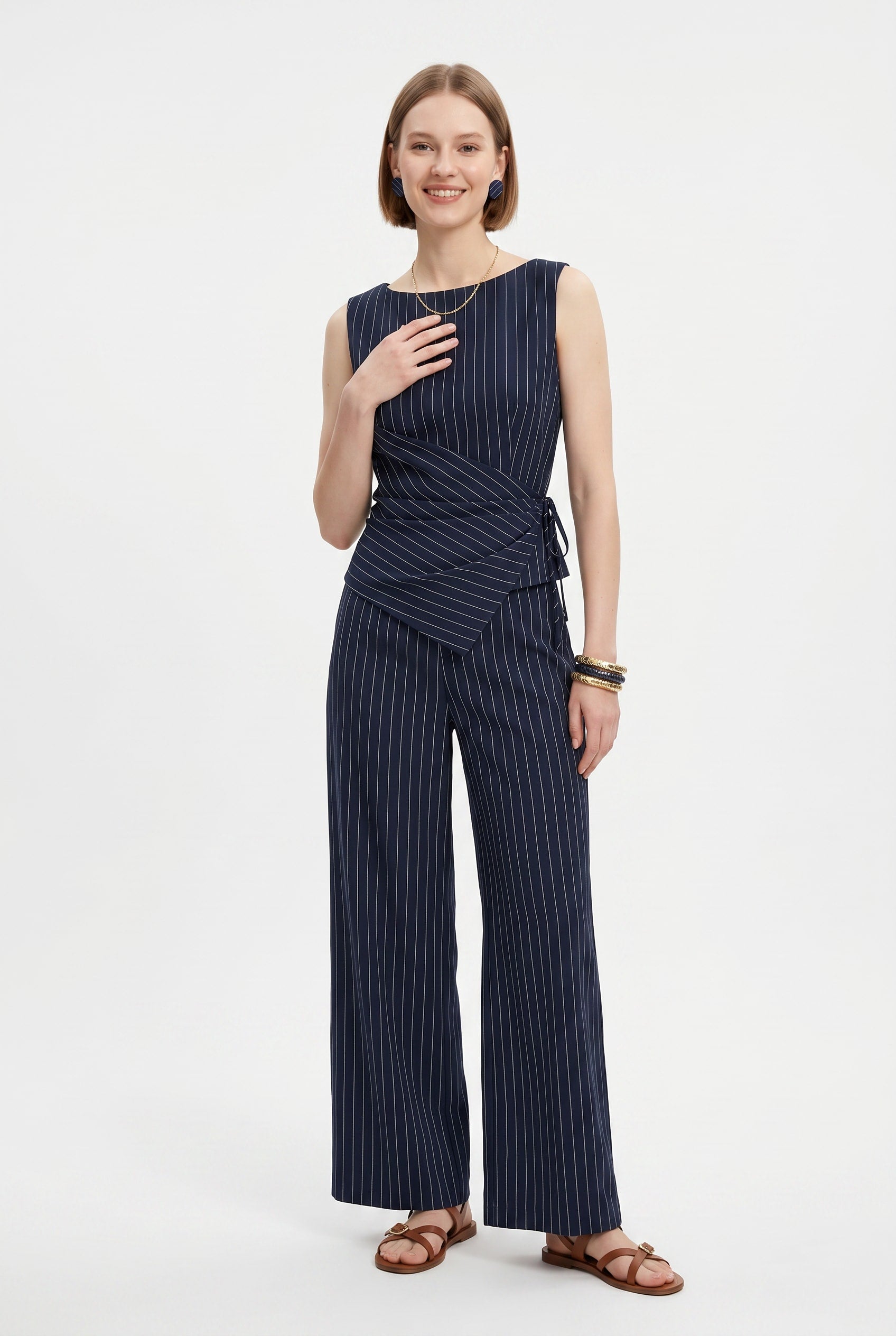 Navy Pinstripe Sleeveless Jumpsuit with Tie Waist
