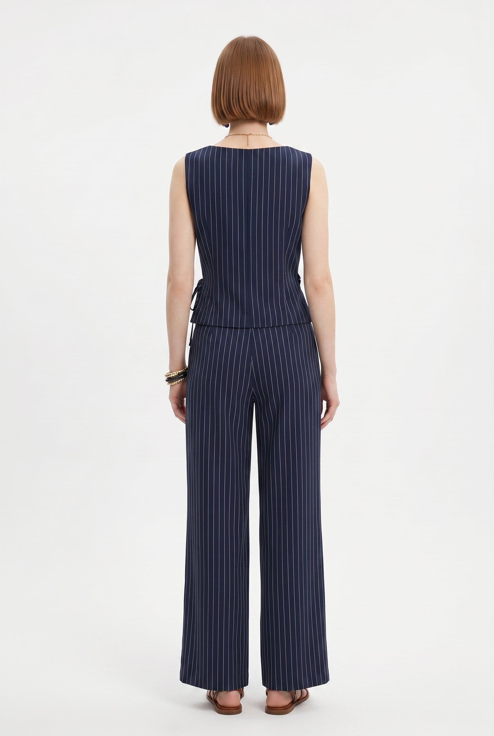 Navy Pinstripe Sleeveless Jumpsuit with Tie Waist