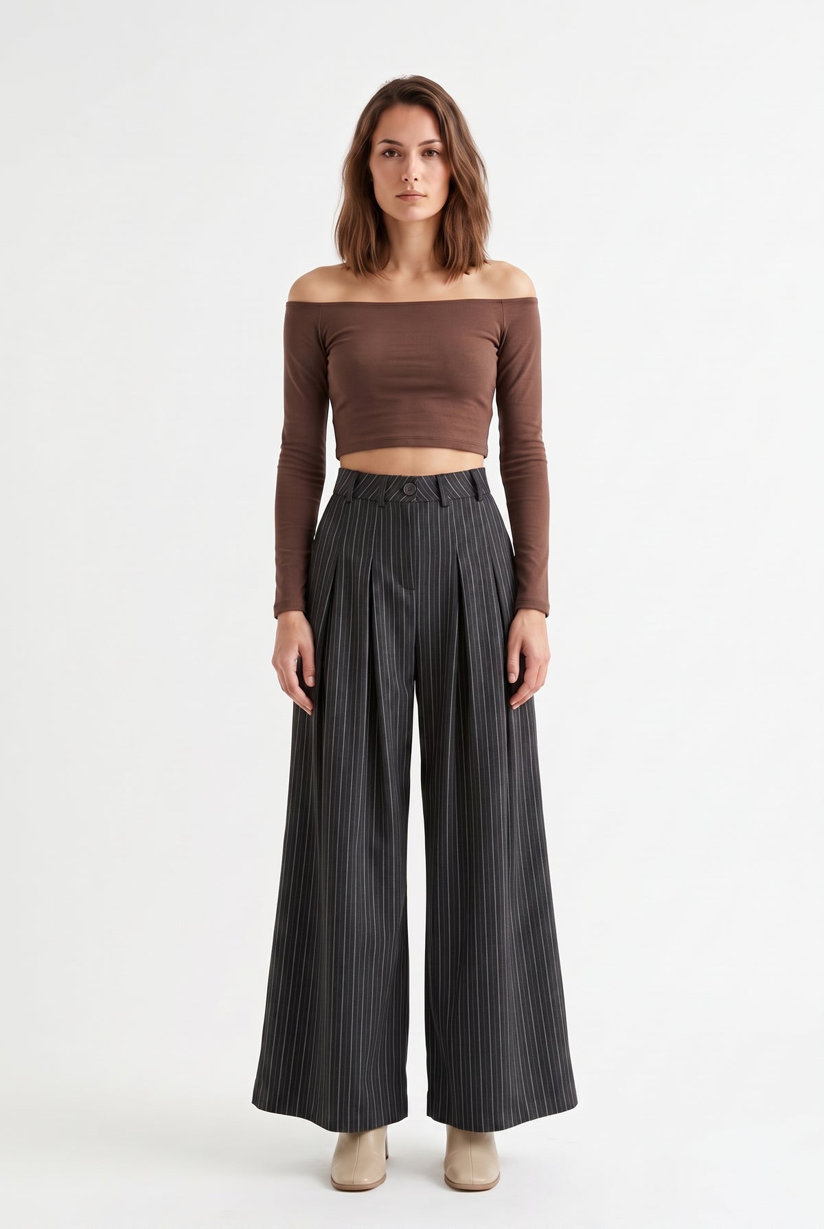 Gray Pinstripe Wide Leg Trousers