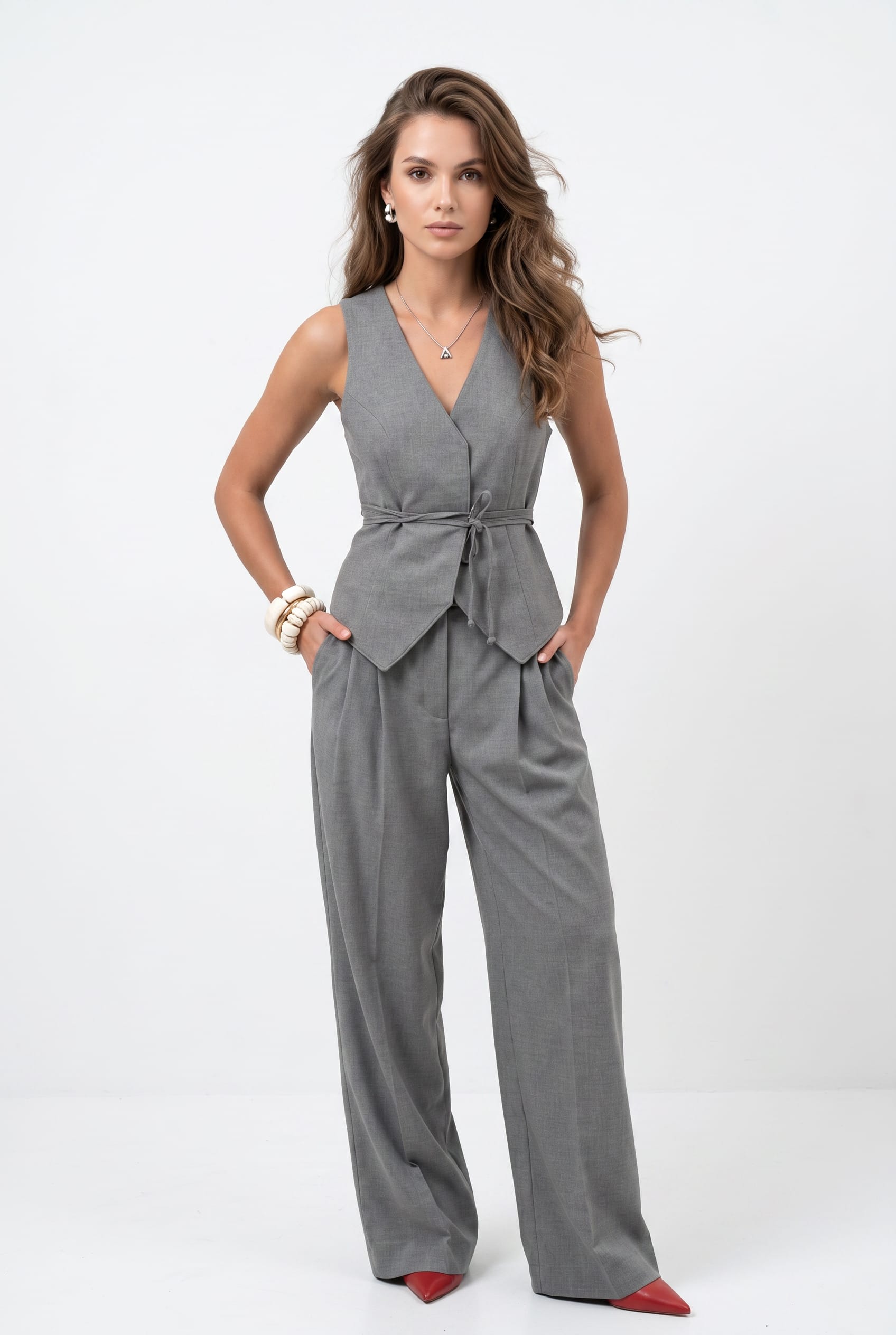 Grey Belted Vest Wide-Leg Trouser Set