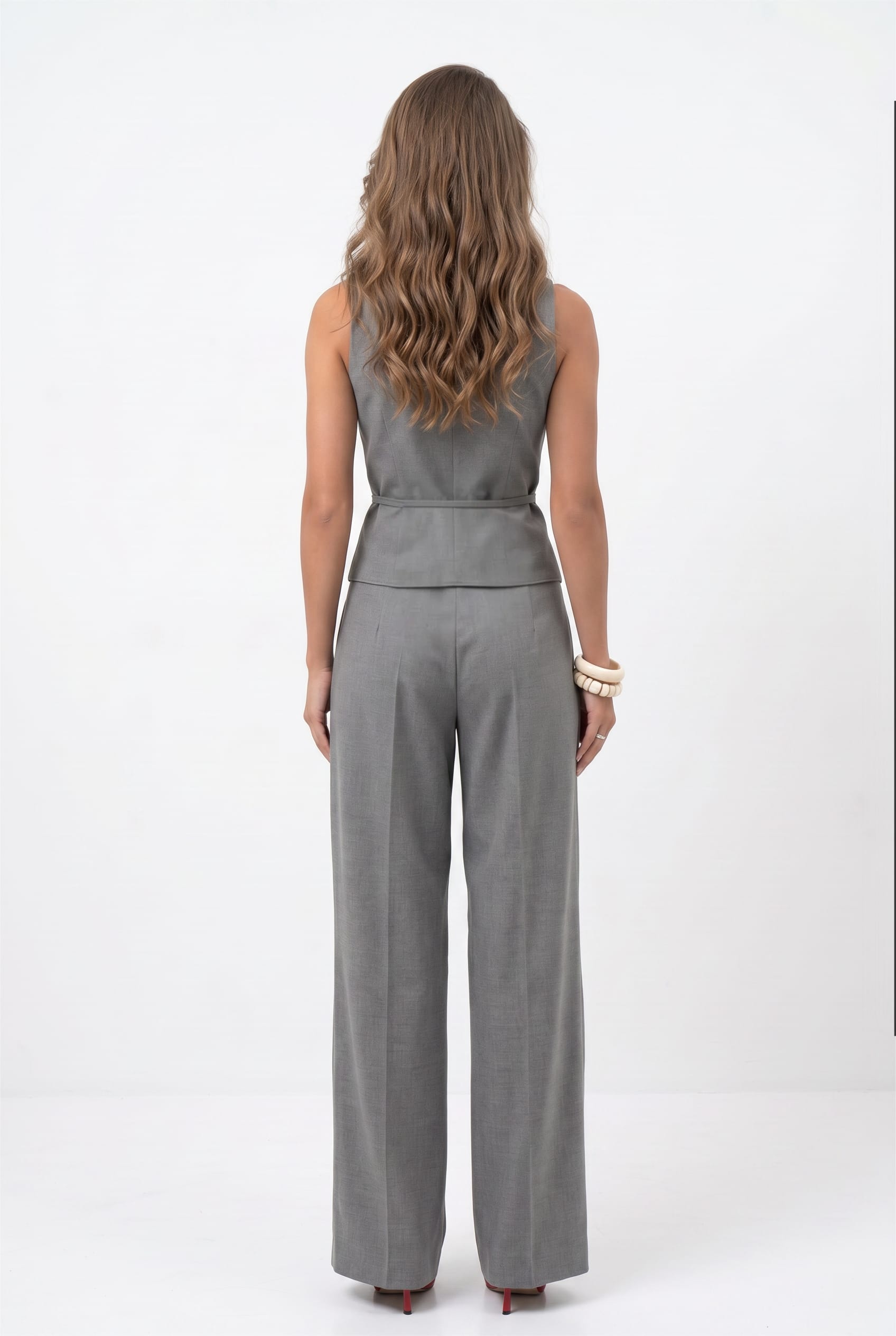 Grey Belted Vest Wide-Leg Trouser Set