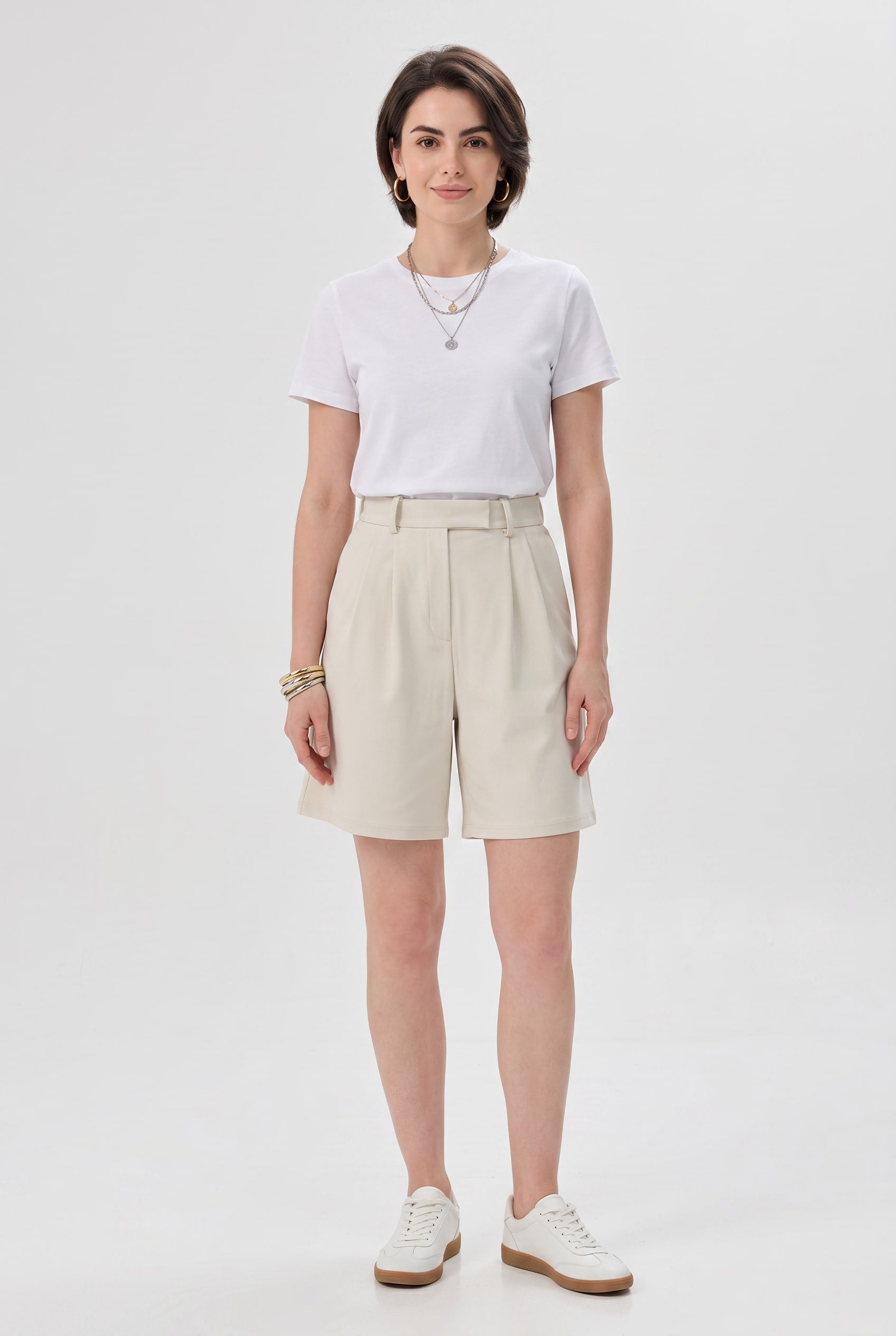 Cream Pleated Tailored Bermuda Shorts