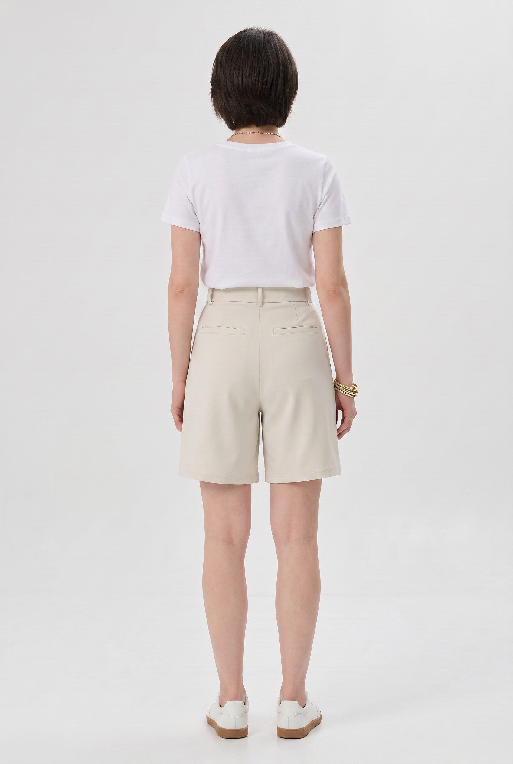 Cream Pleated Tailored Bermuda Shorts