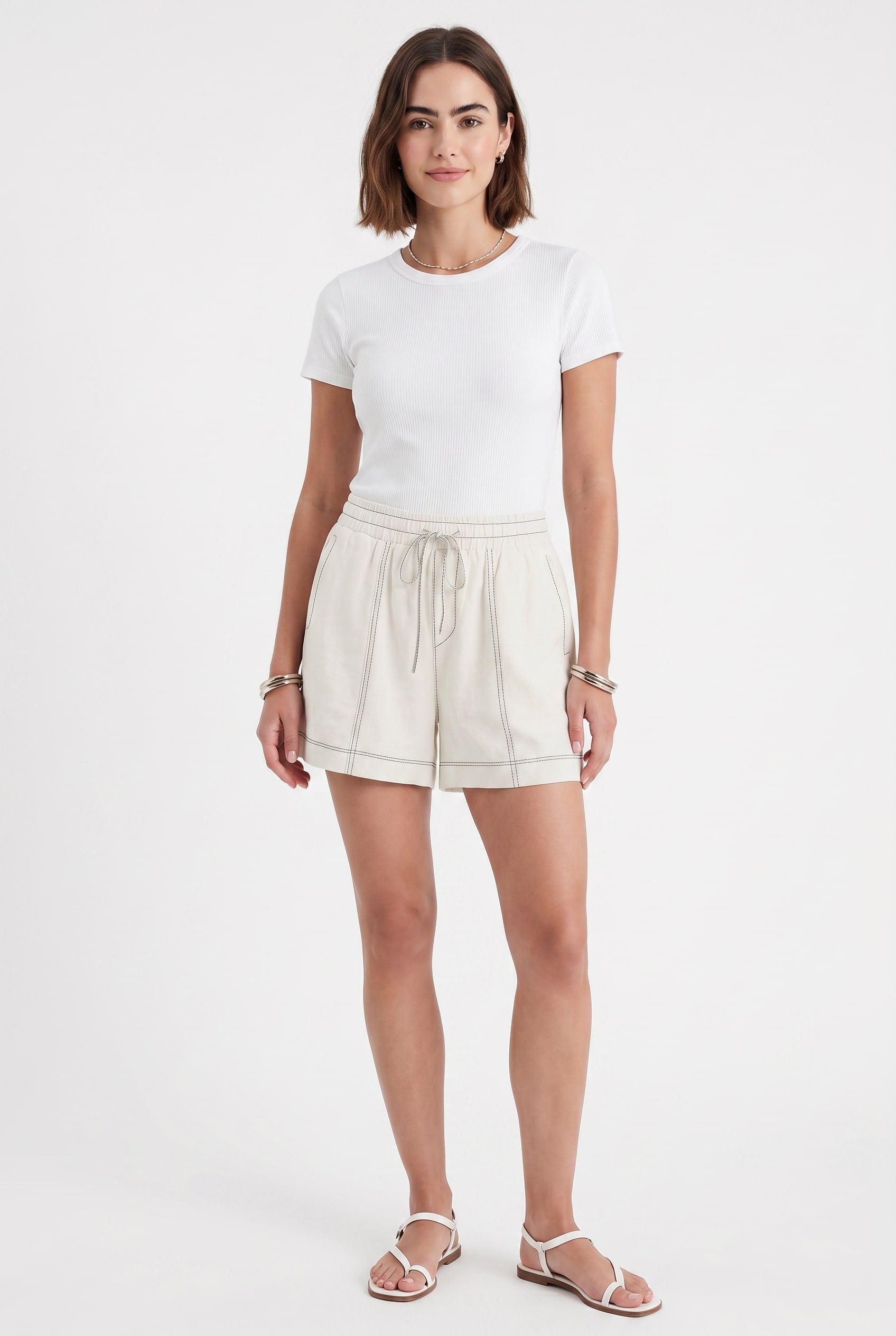 Cream Contrast Stitch Drawstring Shorts