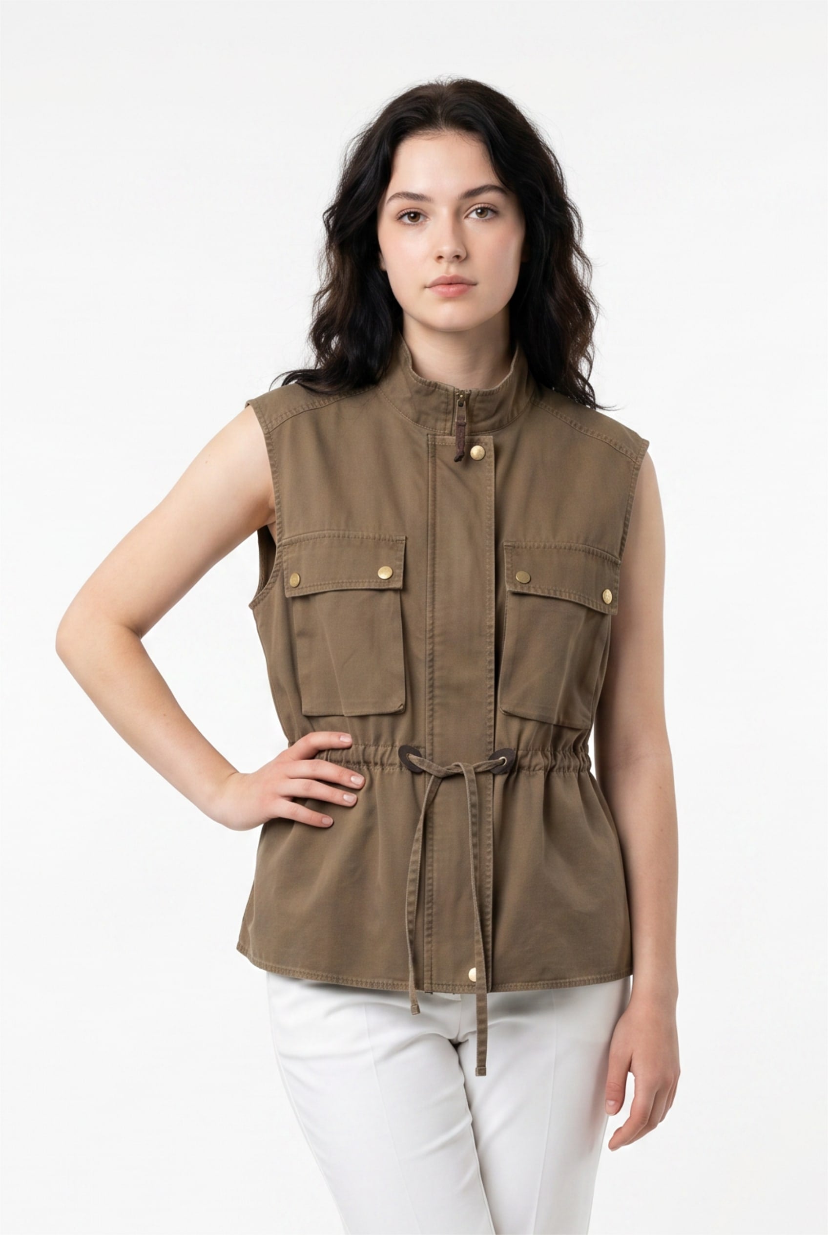 Olive Utility Vest with Drawstring Waist