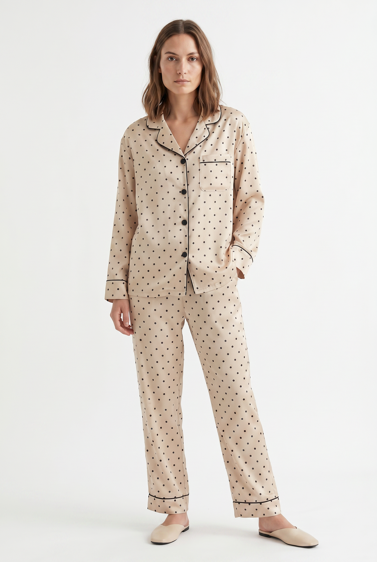 Beige Polka Dot Satin Pyjama Set