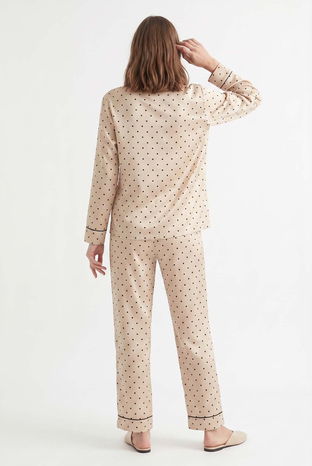 Beige Polka Dot Satin Pyjama Set