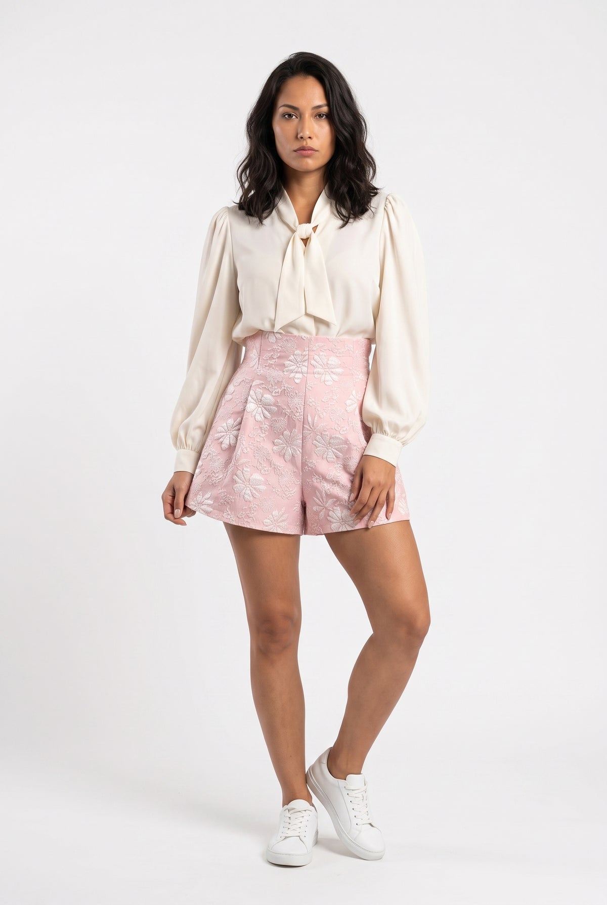 Pink Floral Jacquard High-Waist Shorts