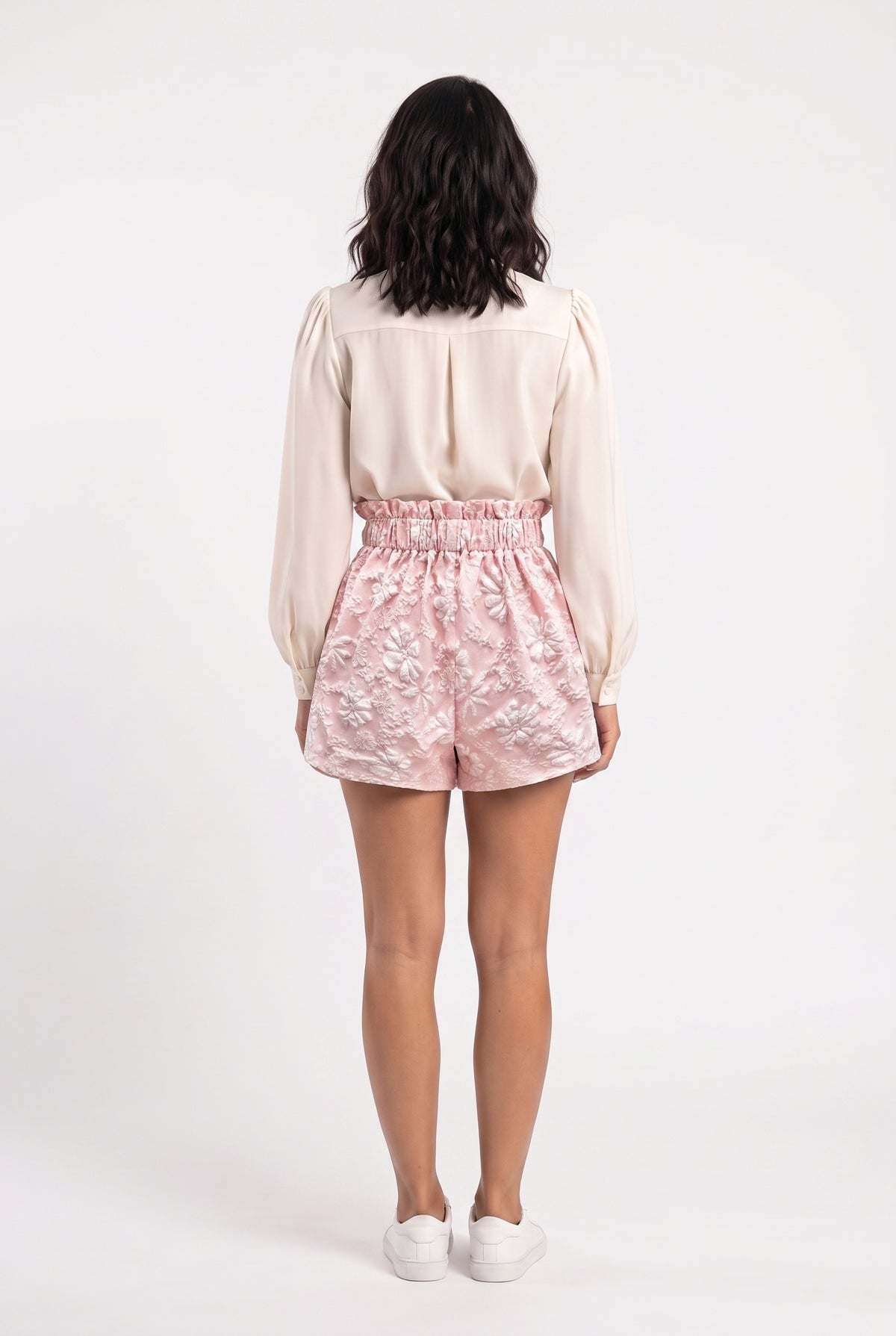 Pink Floral Jacquard High-Waist Shorts