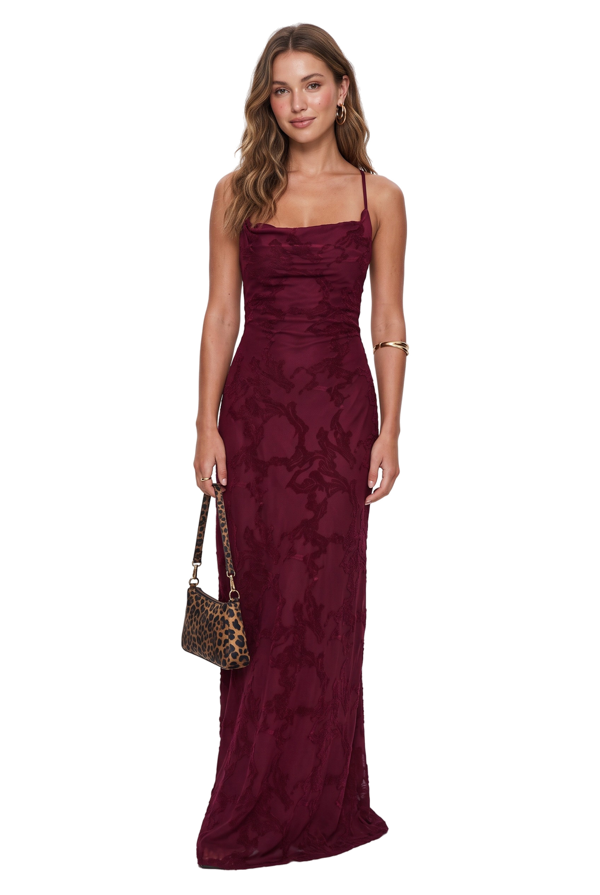 Burgundy Lace Cowl Neck Maxi Dress