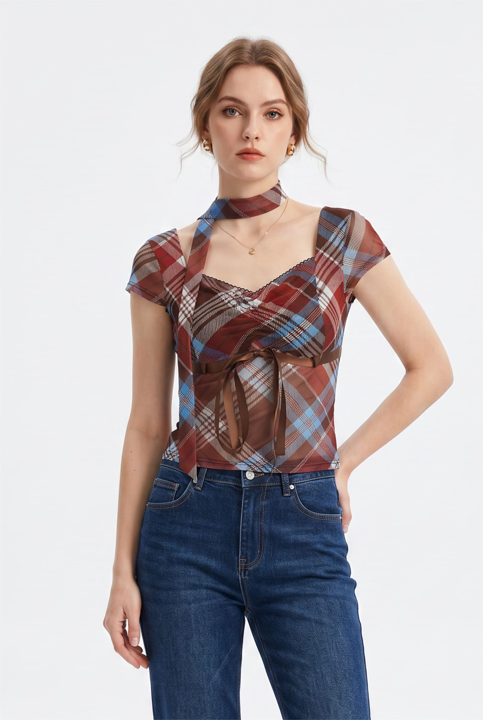 Brown Plaid Mesh Cut-Out Choker Top