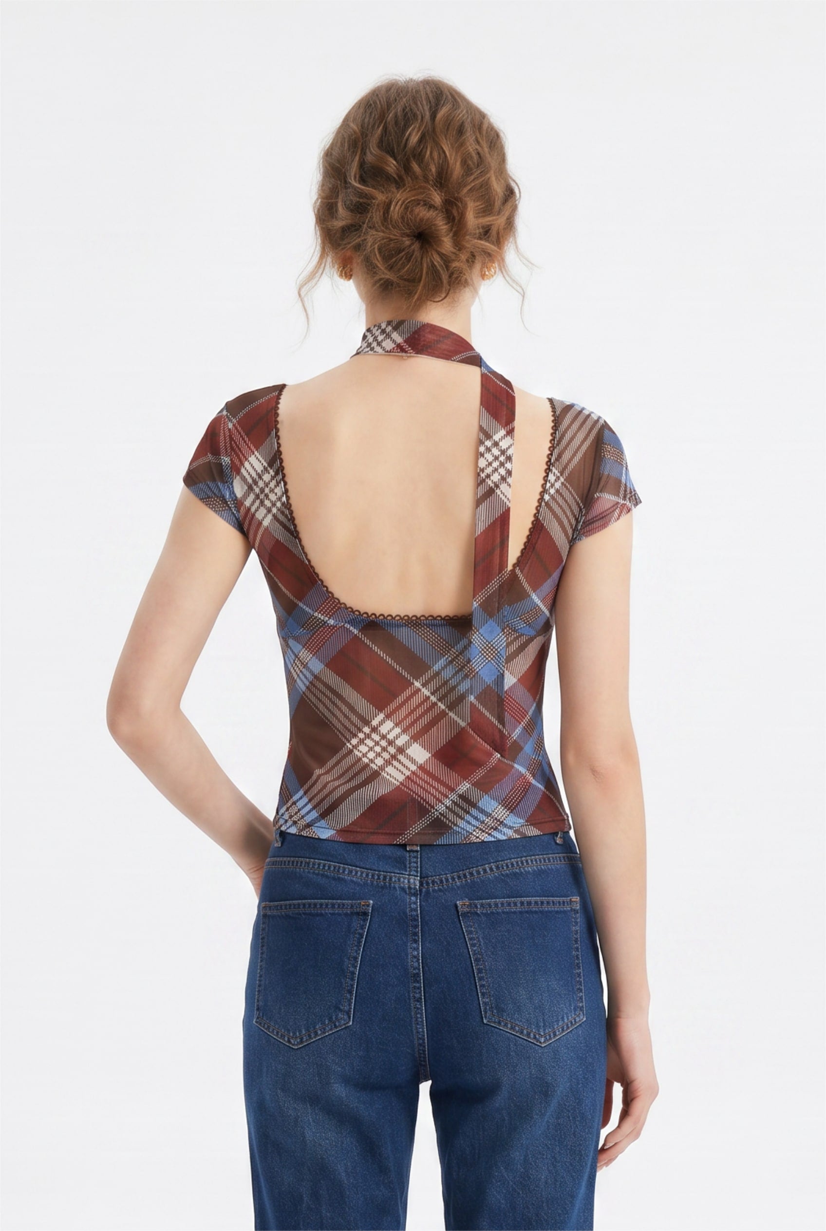 Brown Plaid Mesh Cut-Out Choker Top