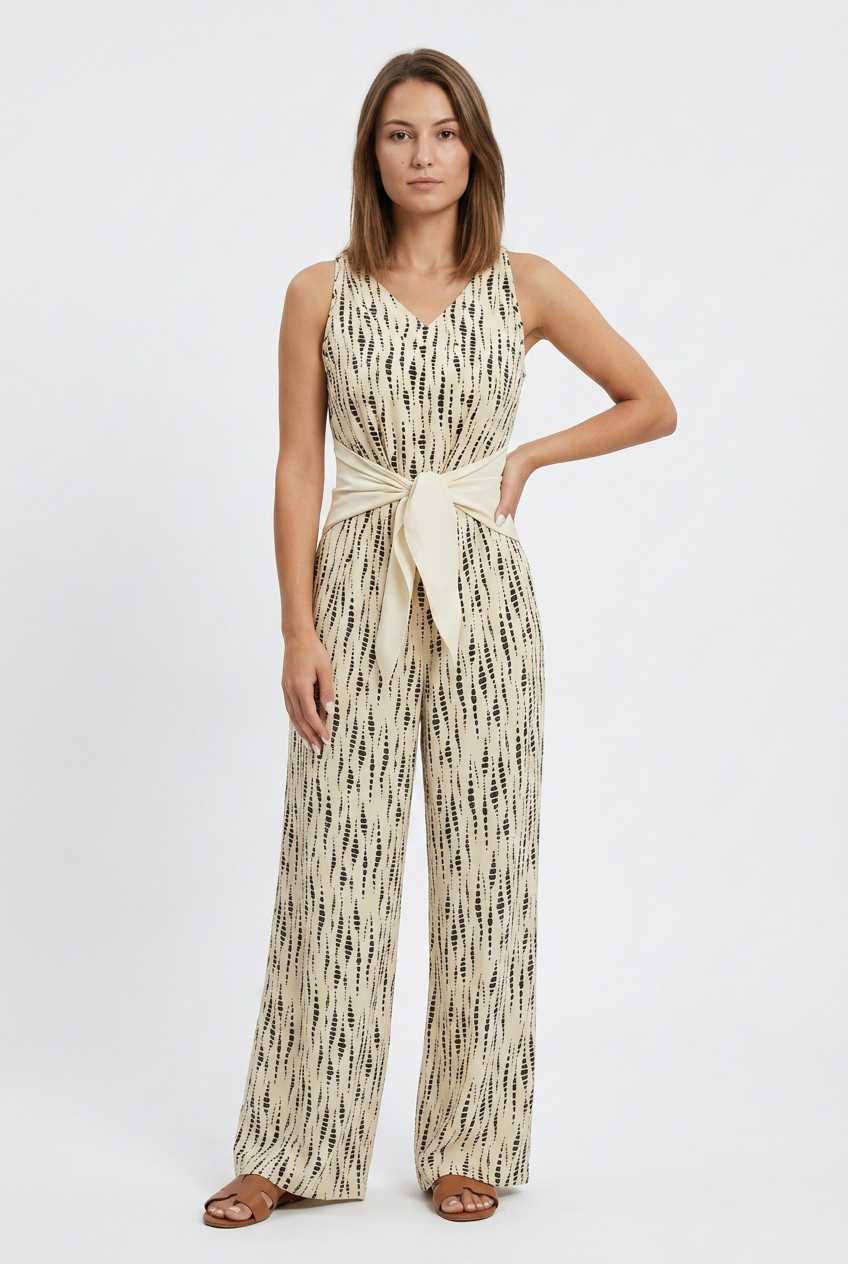 Beige Printed Wide Leg Jumpsuit