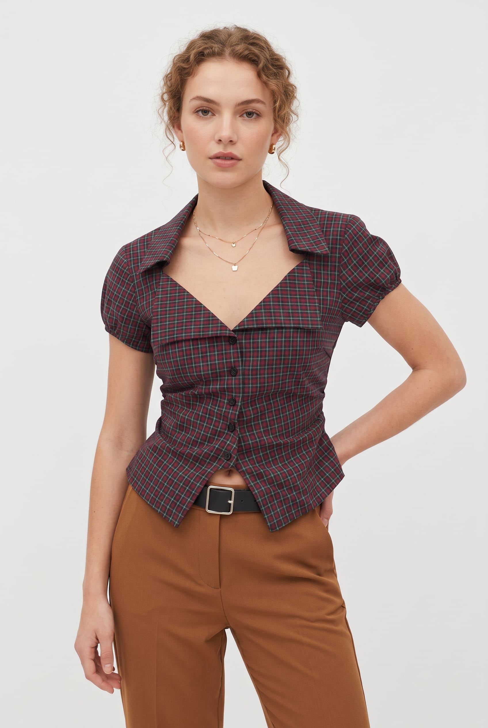 Burgundy Check Puff Sleeve Collar Shirt