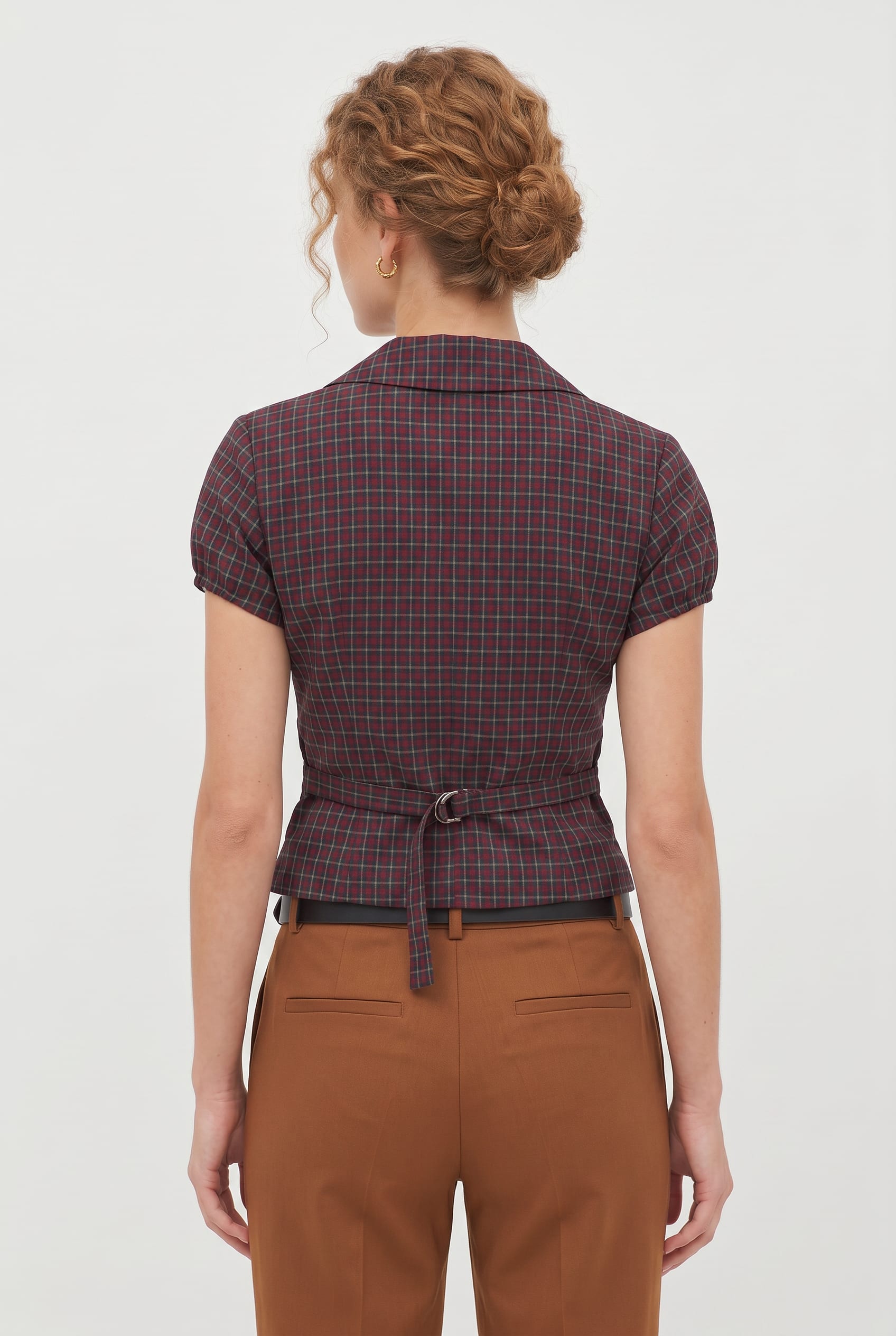 Burgundy Check Puff Sleeve Collar Shirt