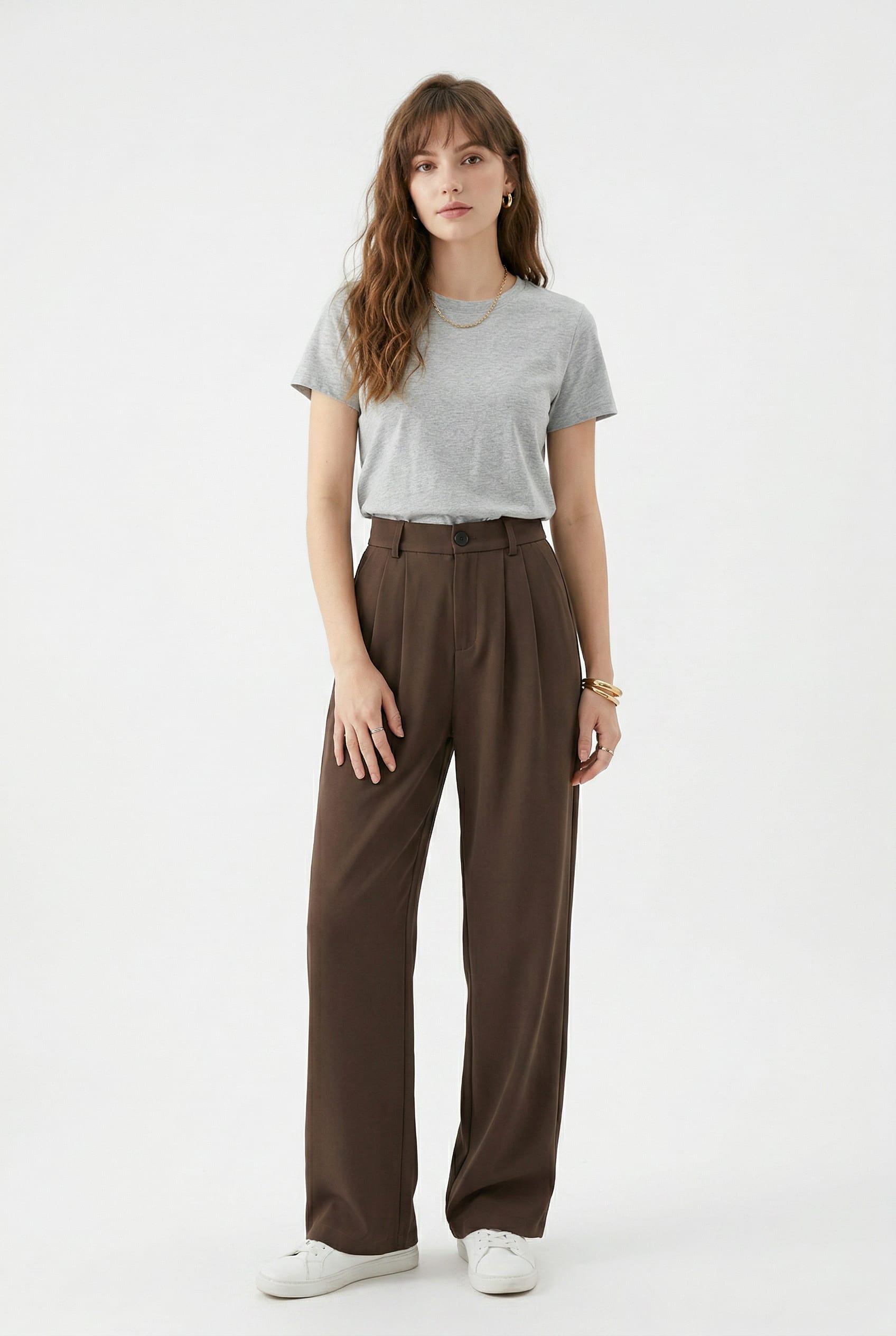 Chocolate Brown Wide Leg Pleated Trousers