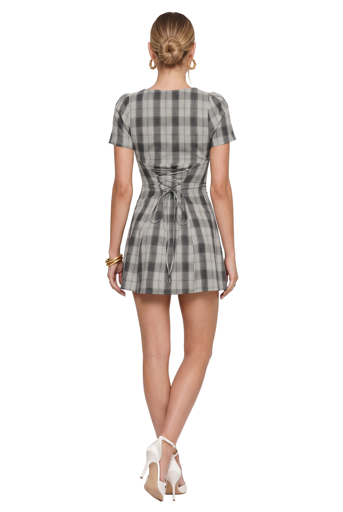 Grey Plaid Button-Front Mini Dress