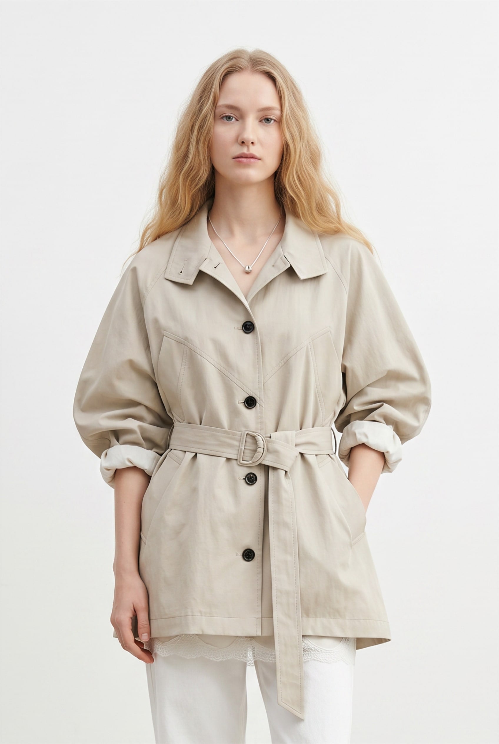 Beige Leather-Effect Trench Jacket