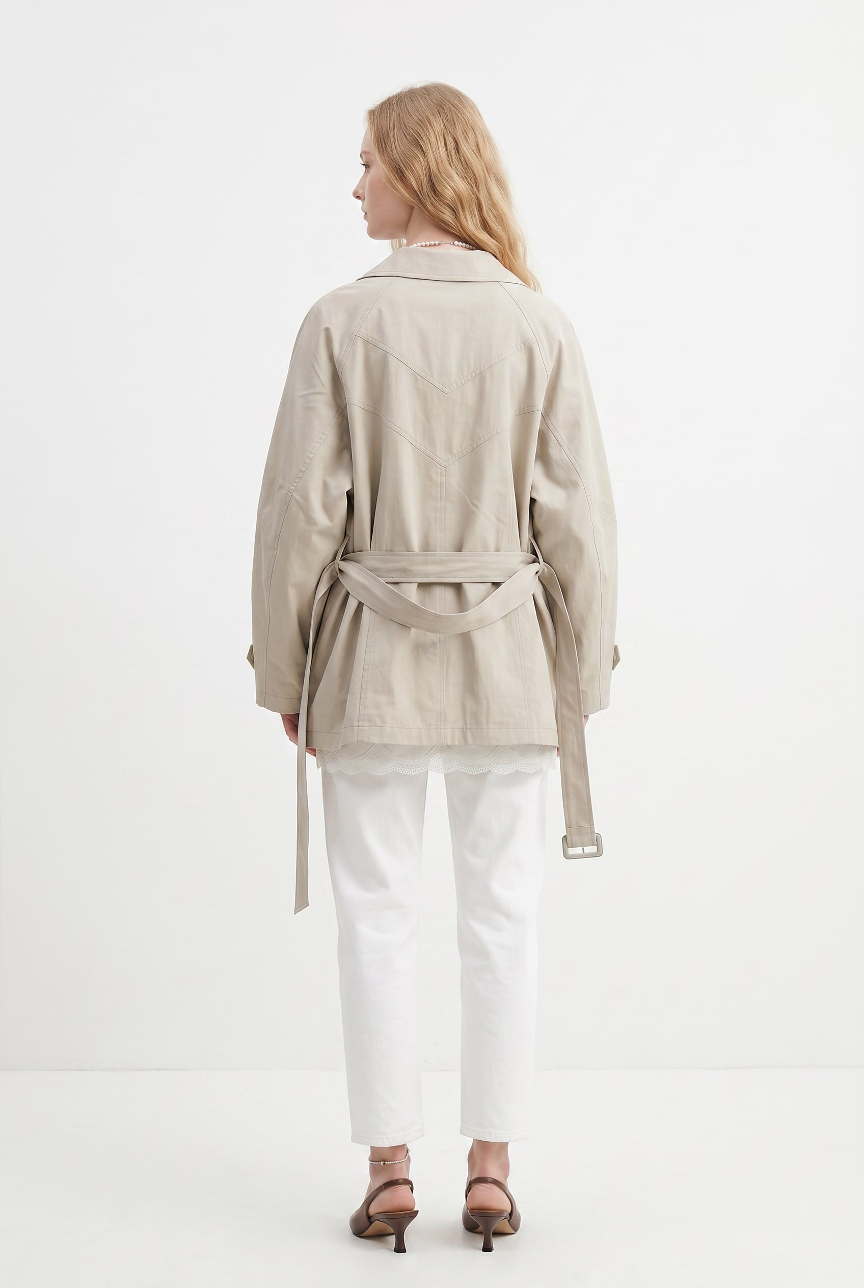 Beige Leather-Effect Trench Jacket