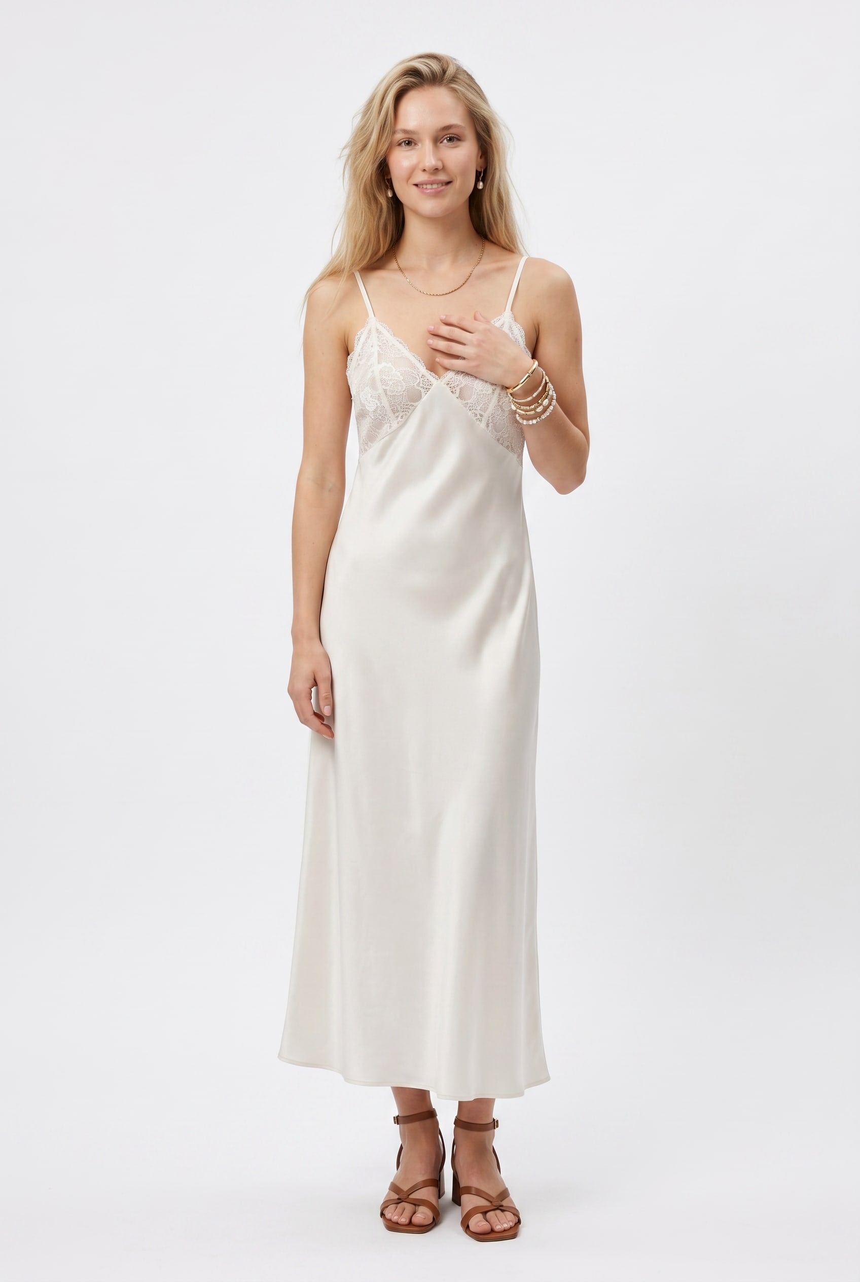 Ivory Satin Lace Trim Slip Dress