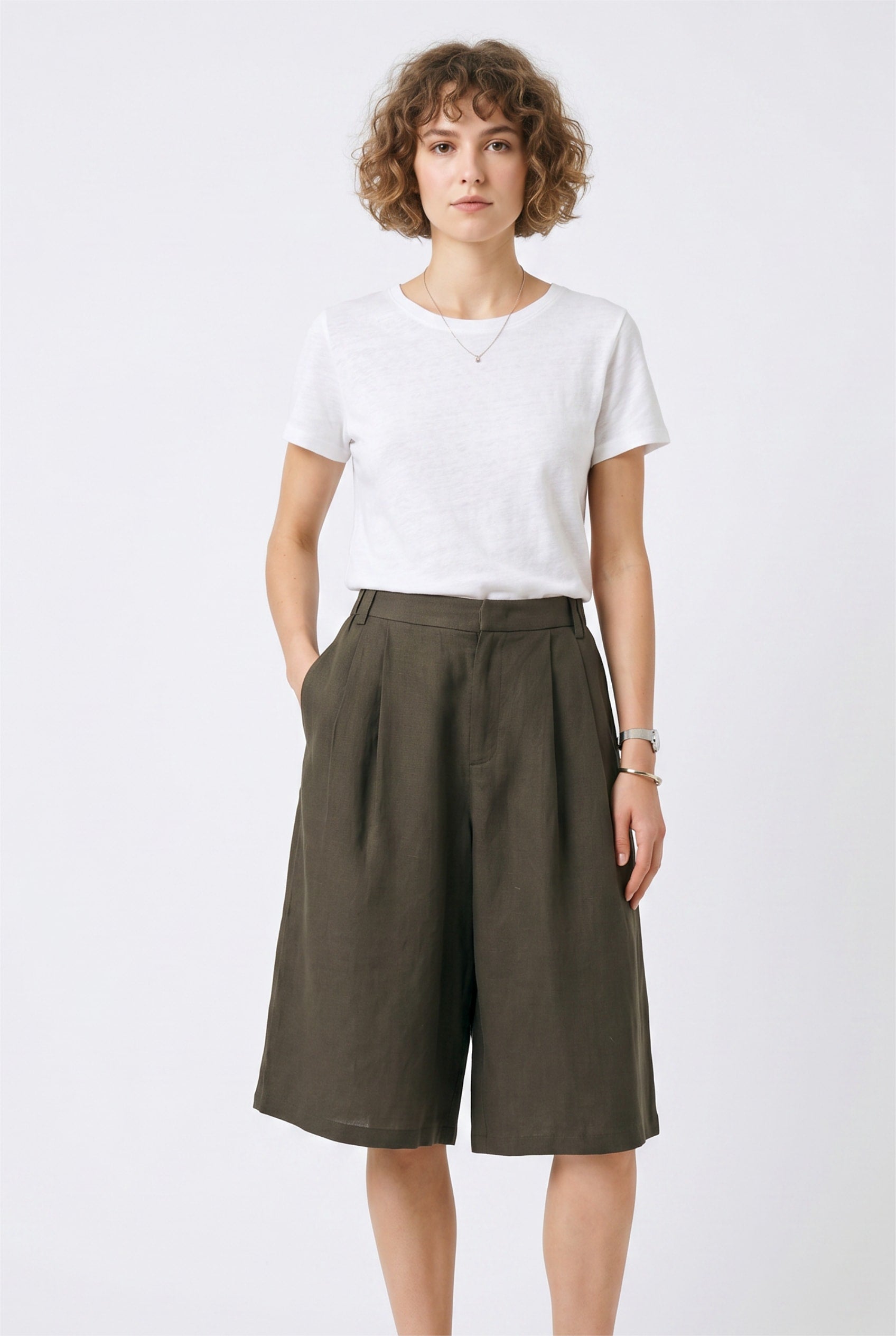 Olive Green Pleated Wide Leg Shorts