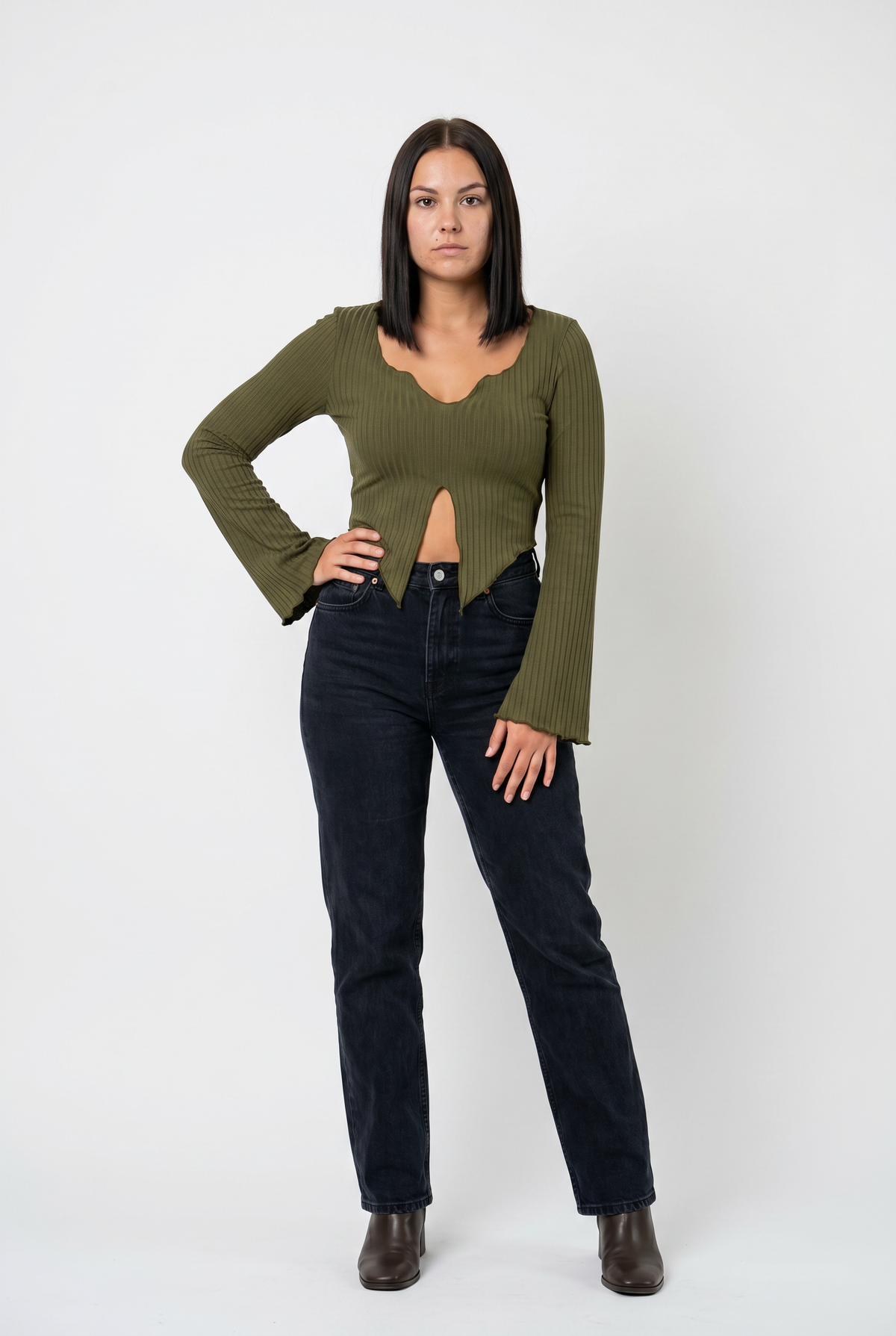 Olive Ribbed Scallop Crop Blouse