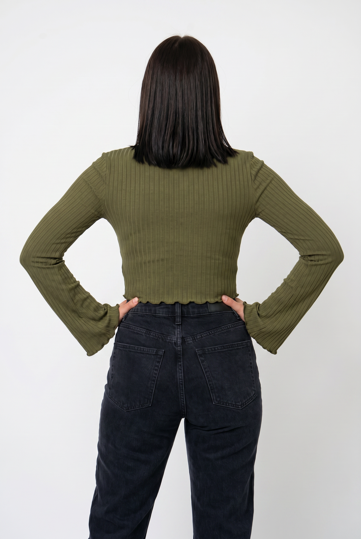 Olive Ribbed Scallop Crop Blouse