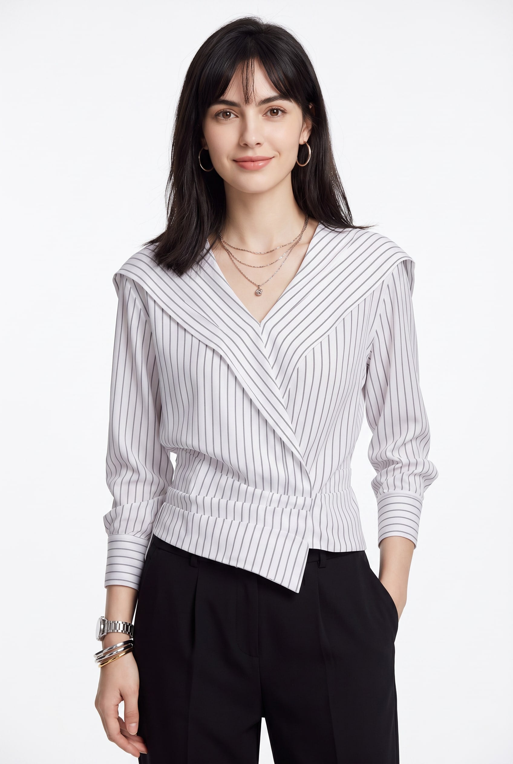 White Striped Asymmetric Wrap Blouse