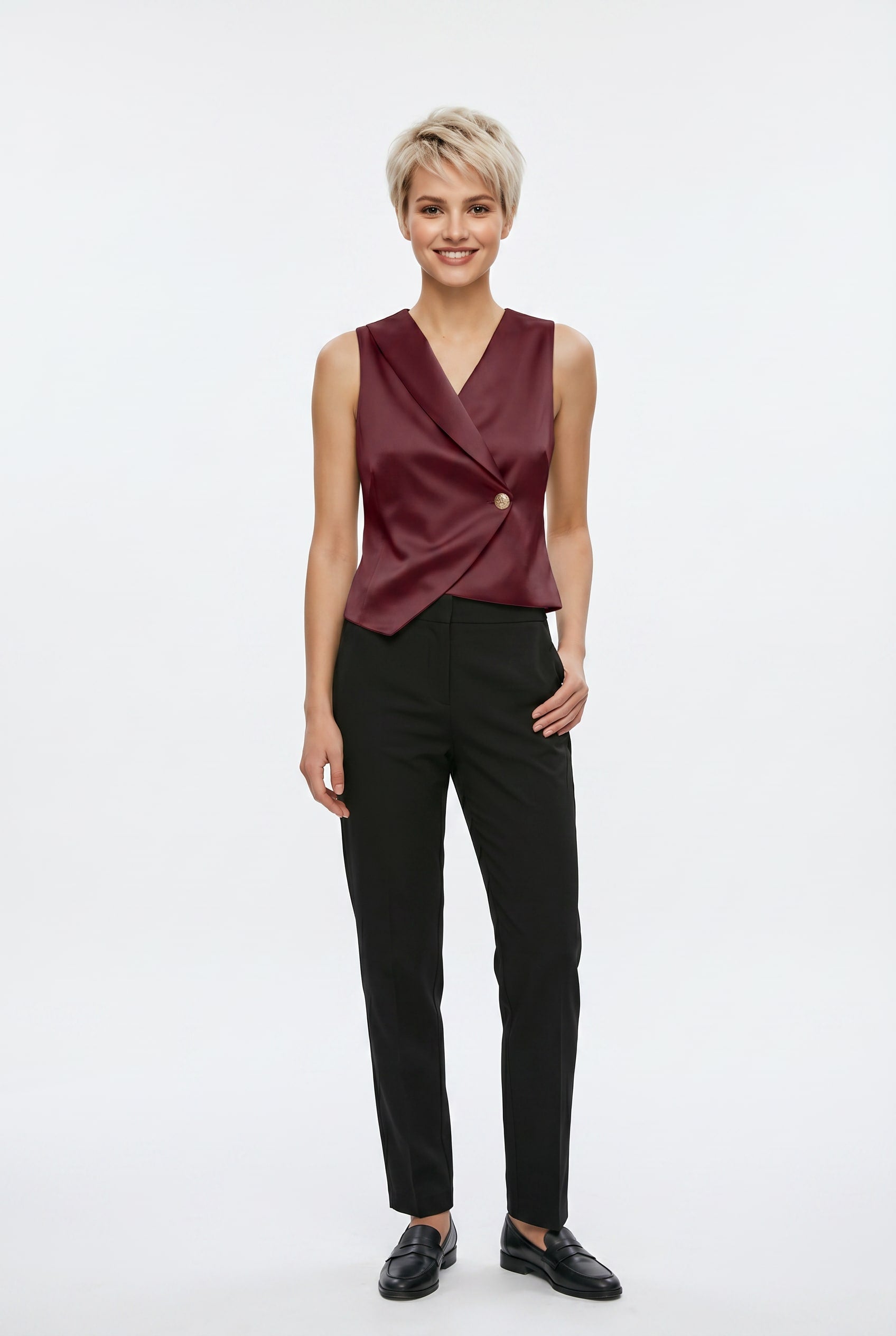 Burgundy Asymmetric Wrap Button Top