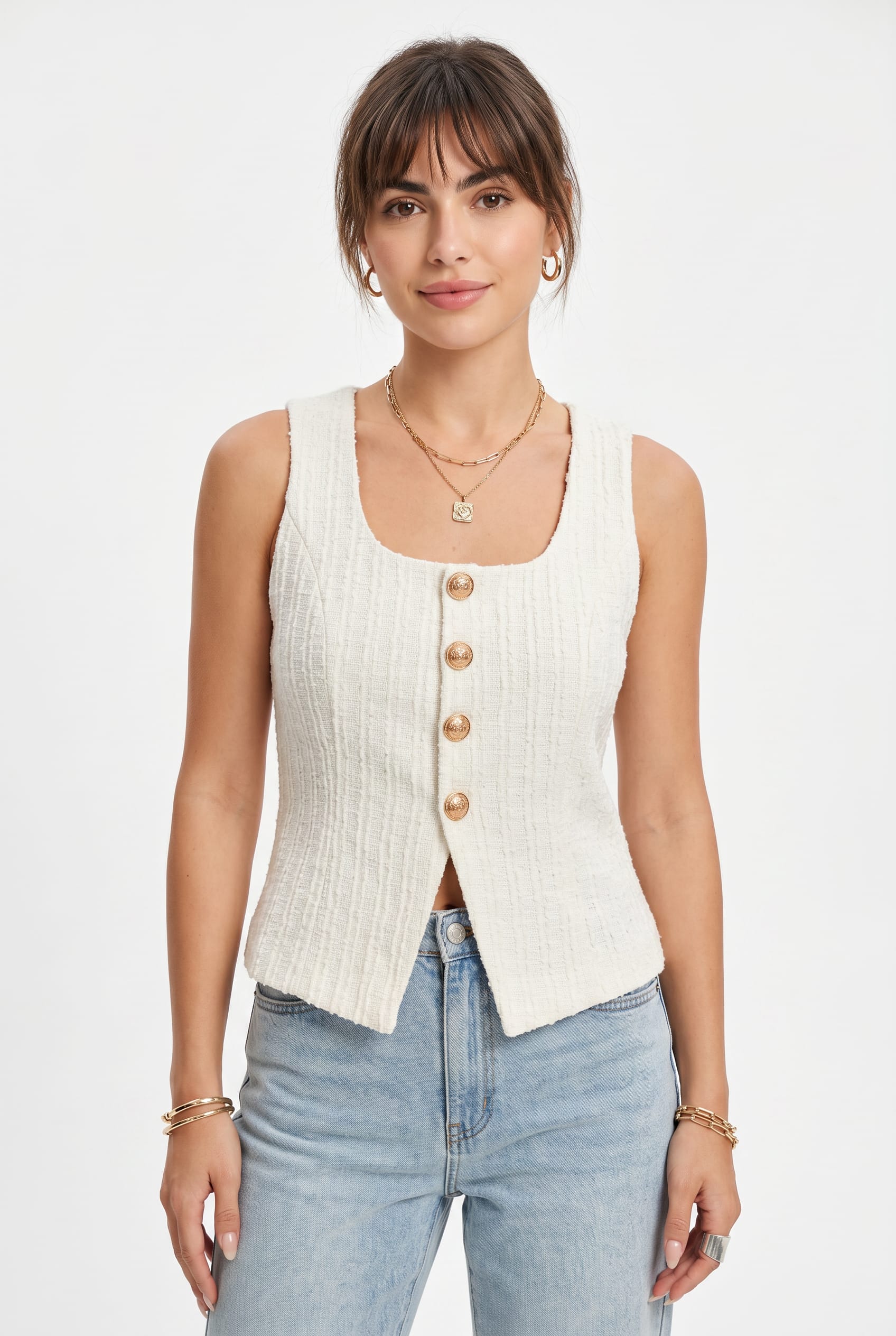 Cream Ribbed Button-Front Tank Top