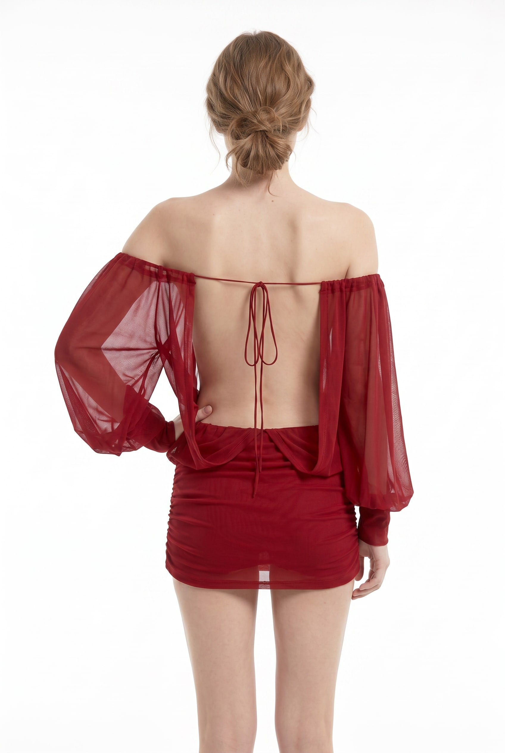 Burgundy Off-Shoulder Sheer Sleeve Mini Dress