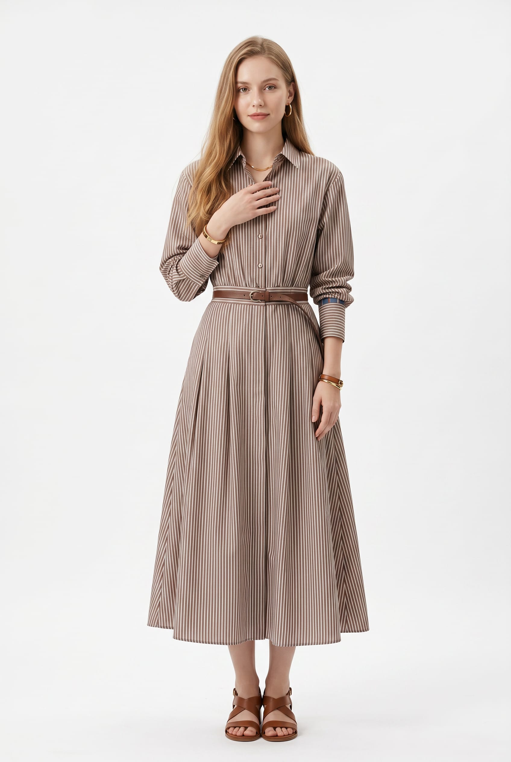 Brown Striped Belted Midi Shirt Dress
