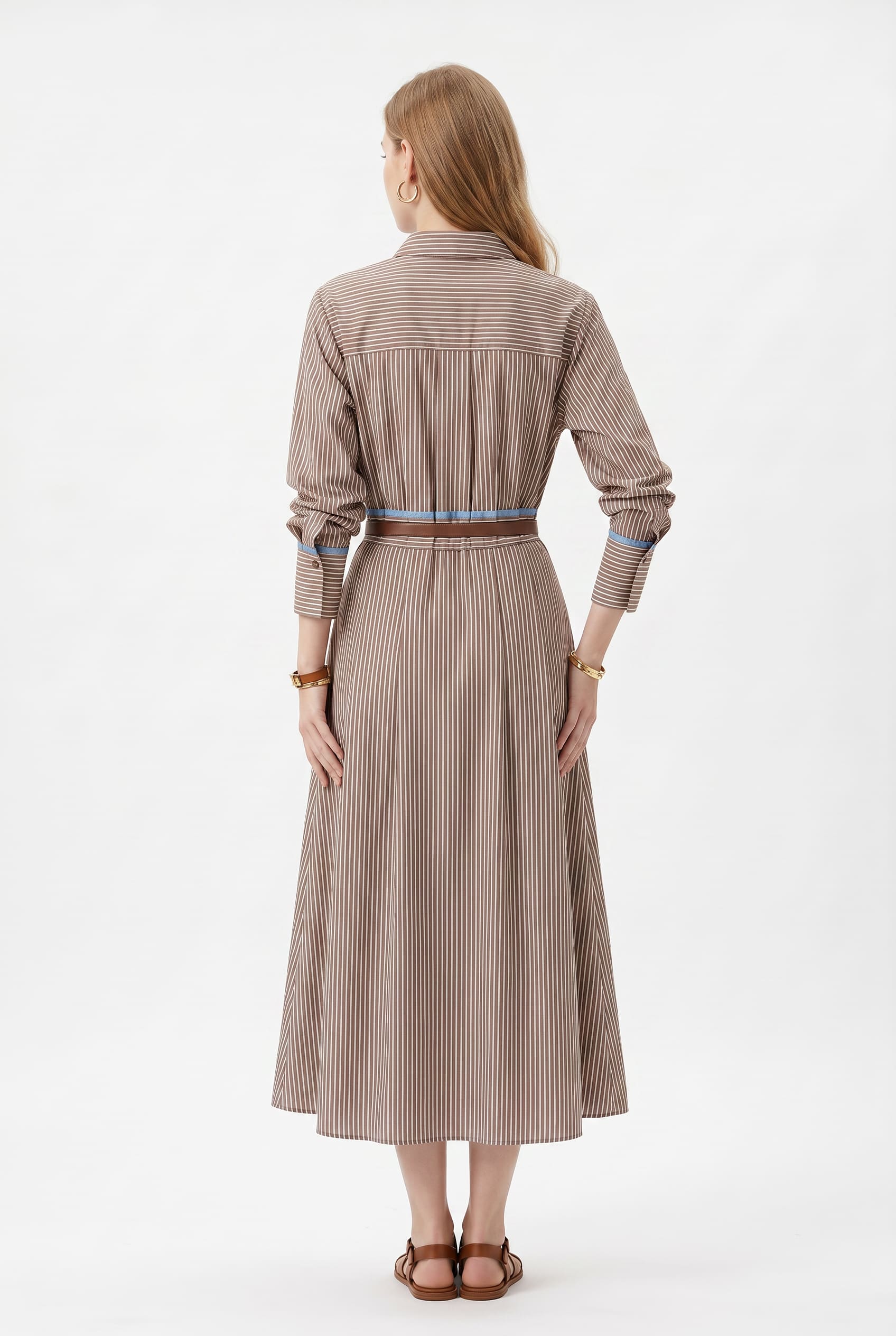 Brown Striped Belted Midi Shirt Dress