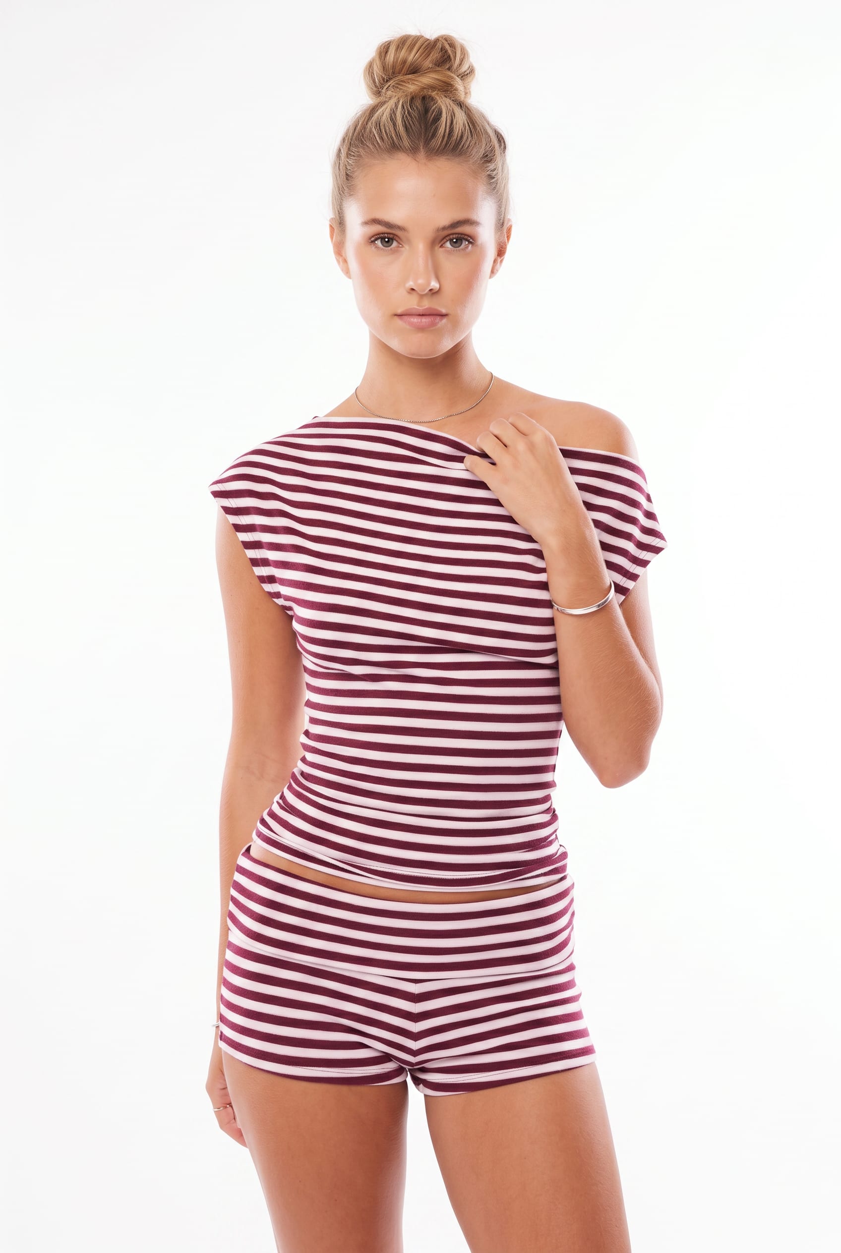 Burgundy Striped Off-Shoulder Top