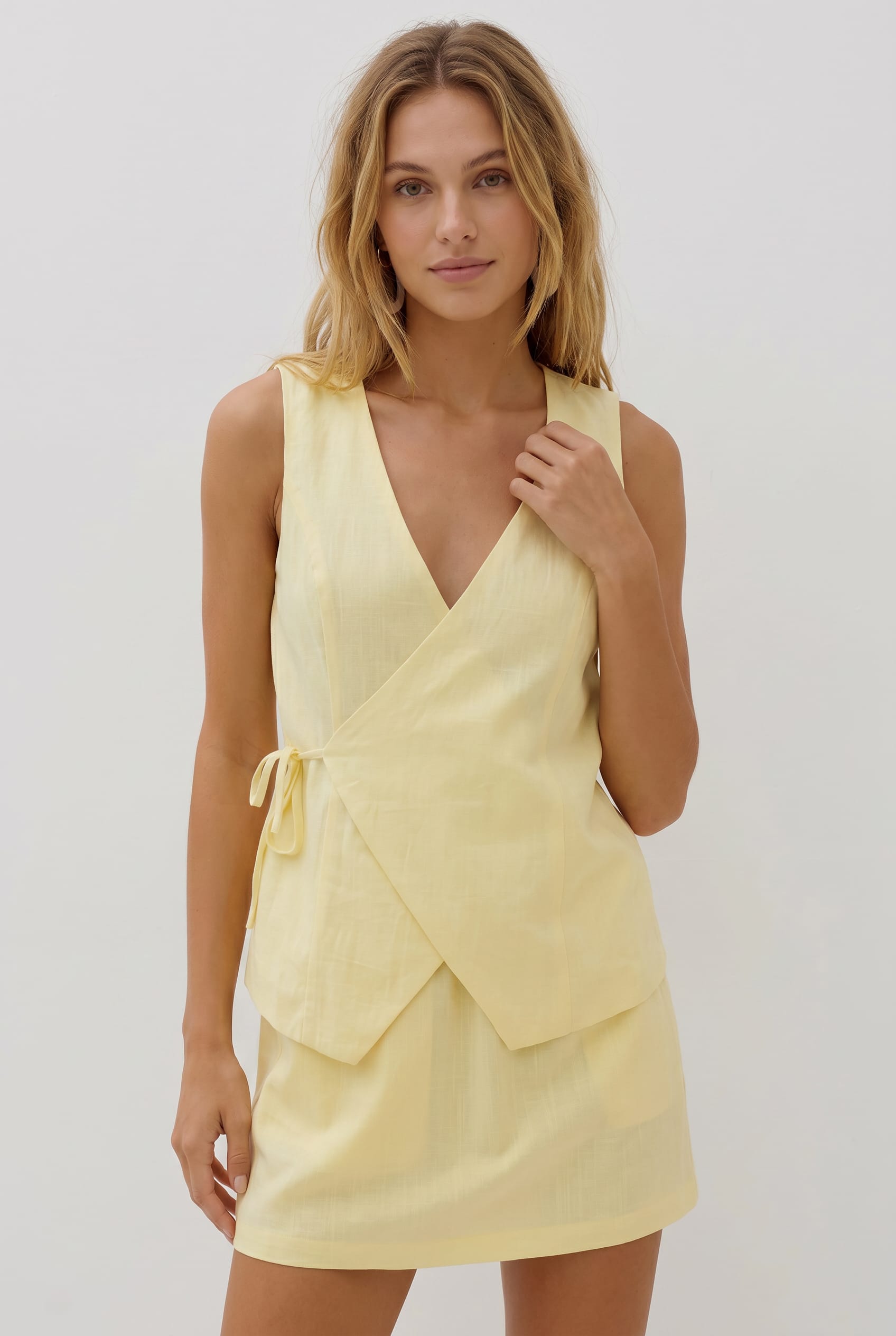 Butter Yellow Linen Wrap Co-ord Set