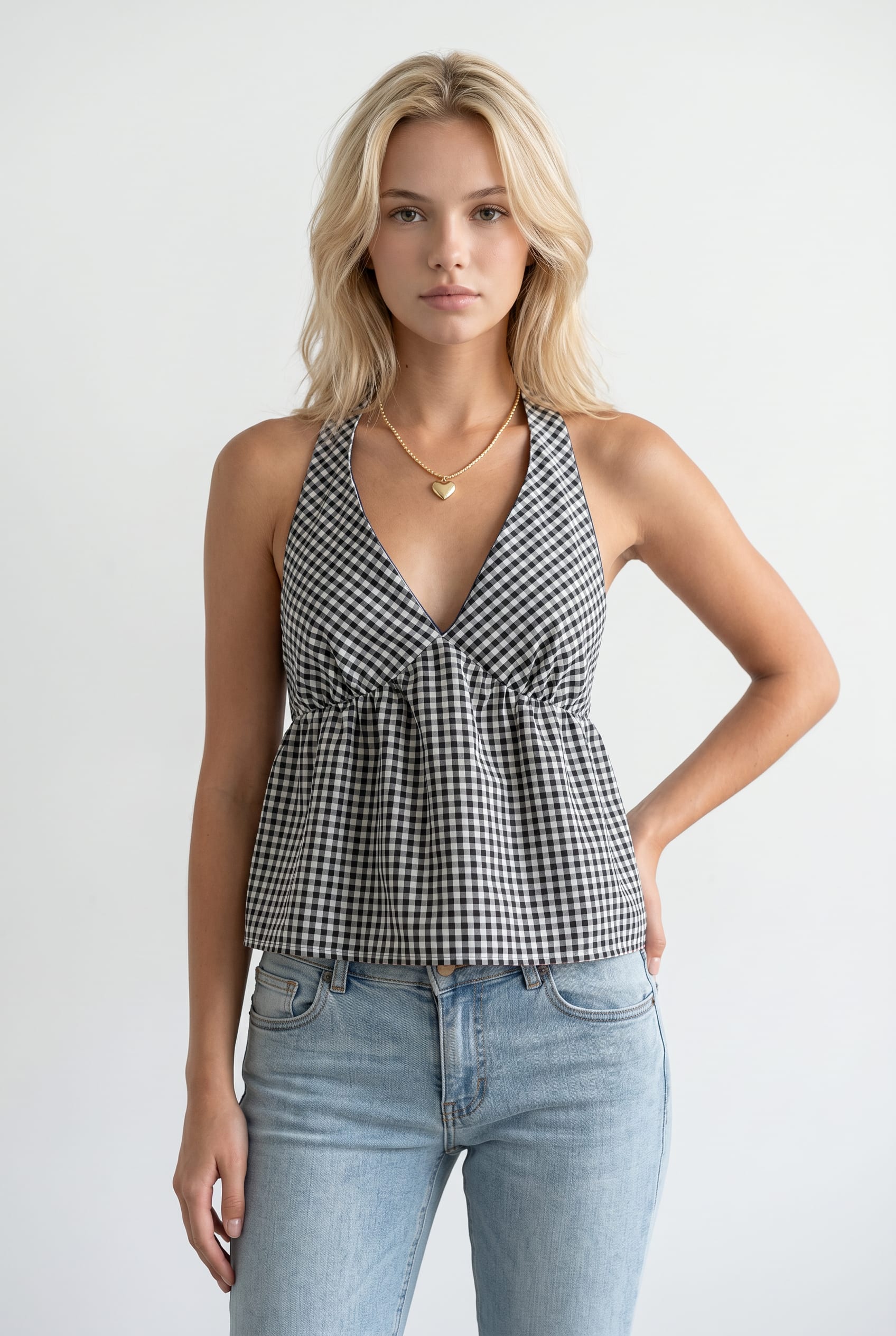 Black Gingham Halter Neck Peplum Top