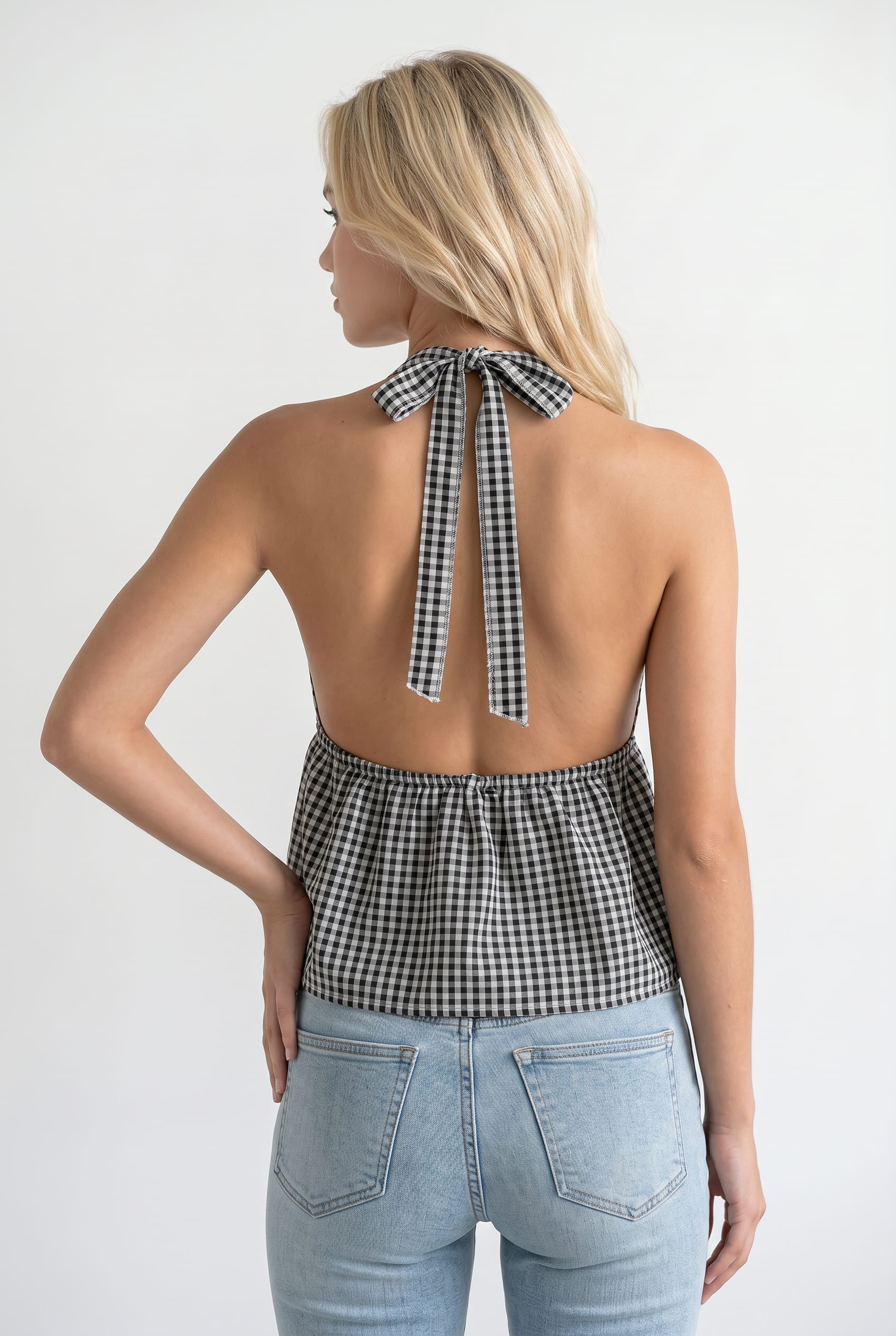 Black Gingham Halter Neck Peplum Top