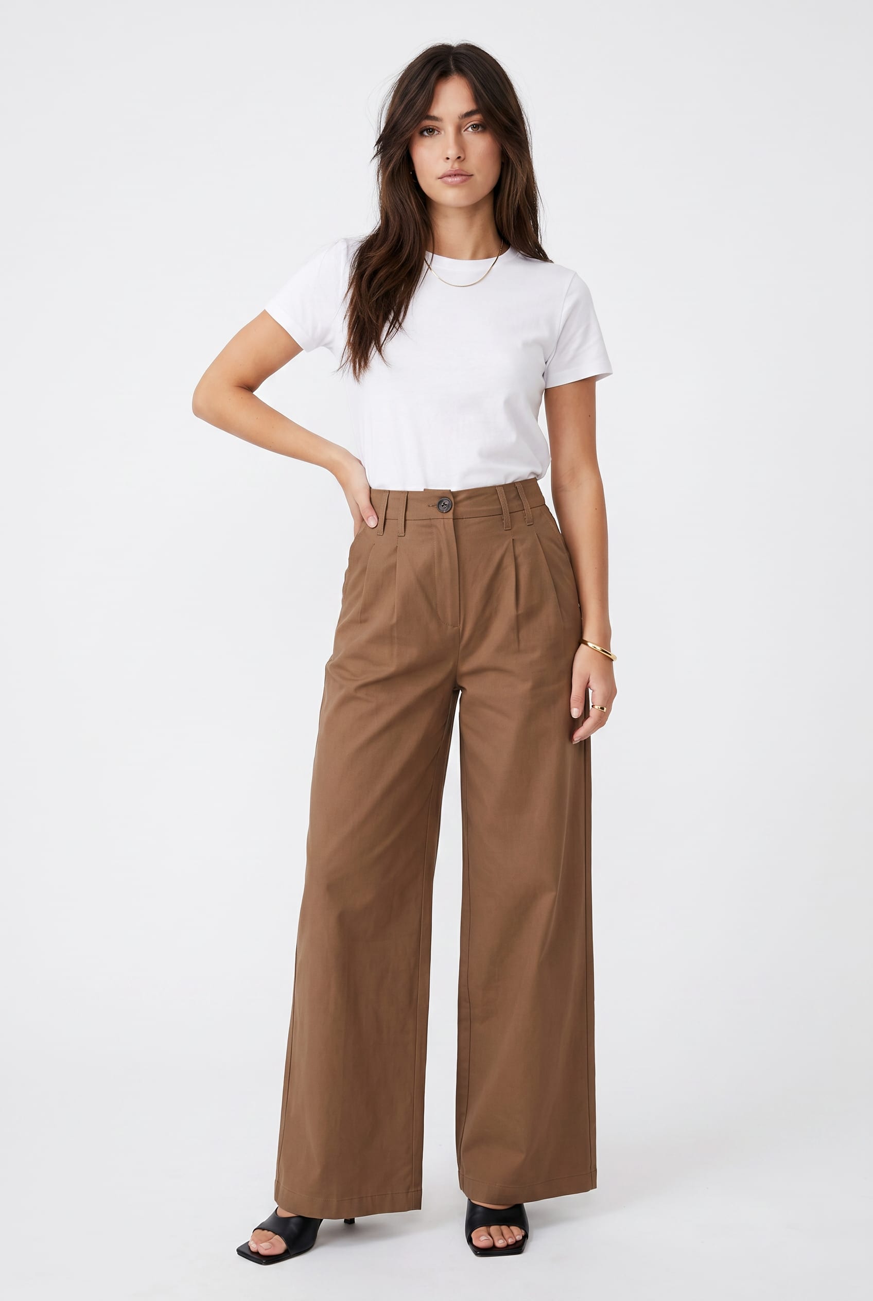 Camel Wide Leg Pleated Trousers