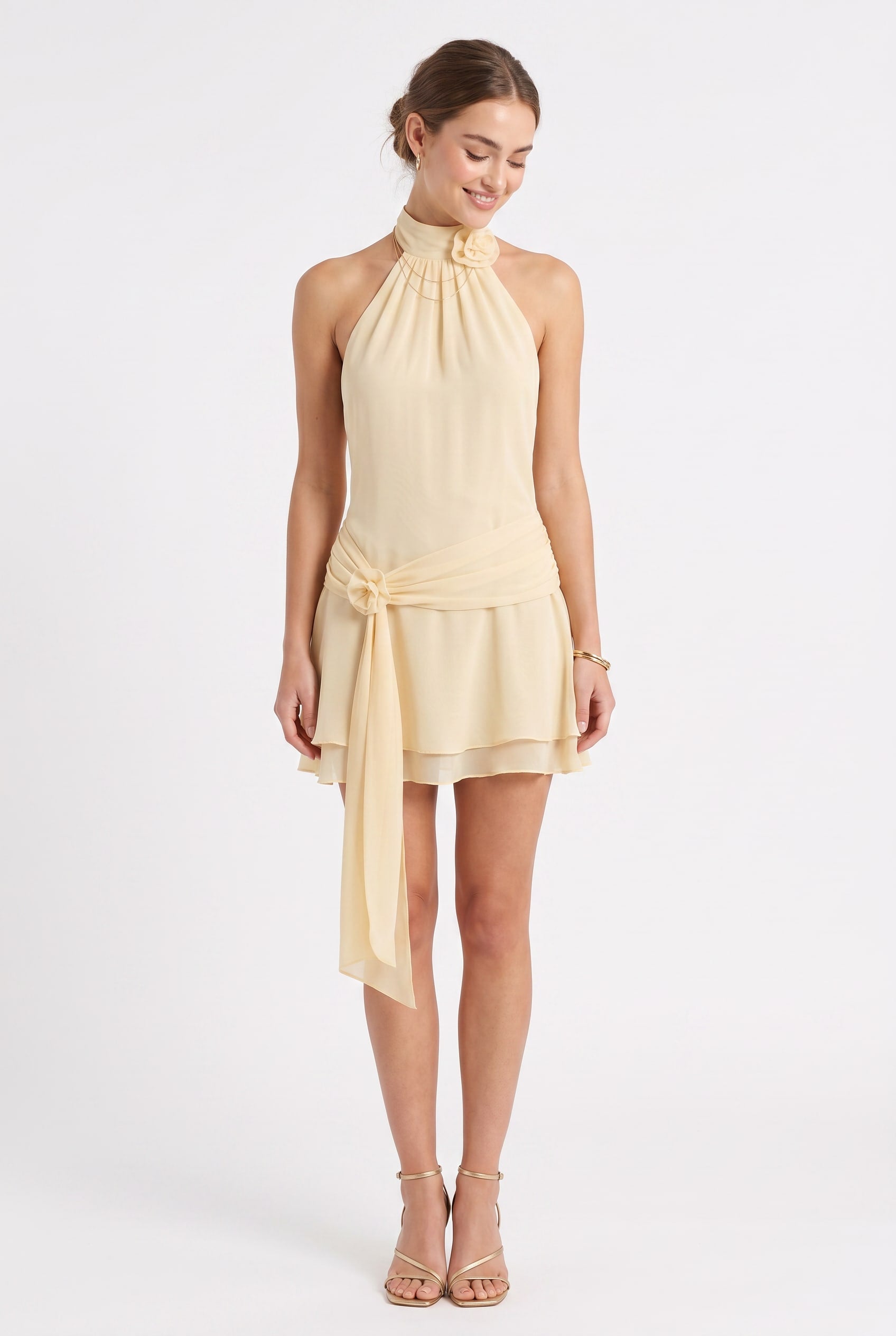 Pale Yellow Halter Neck Mini Dress