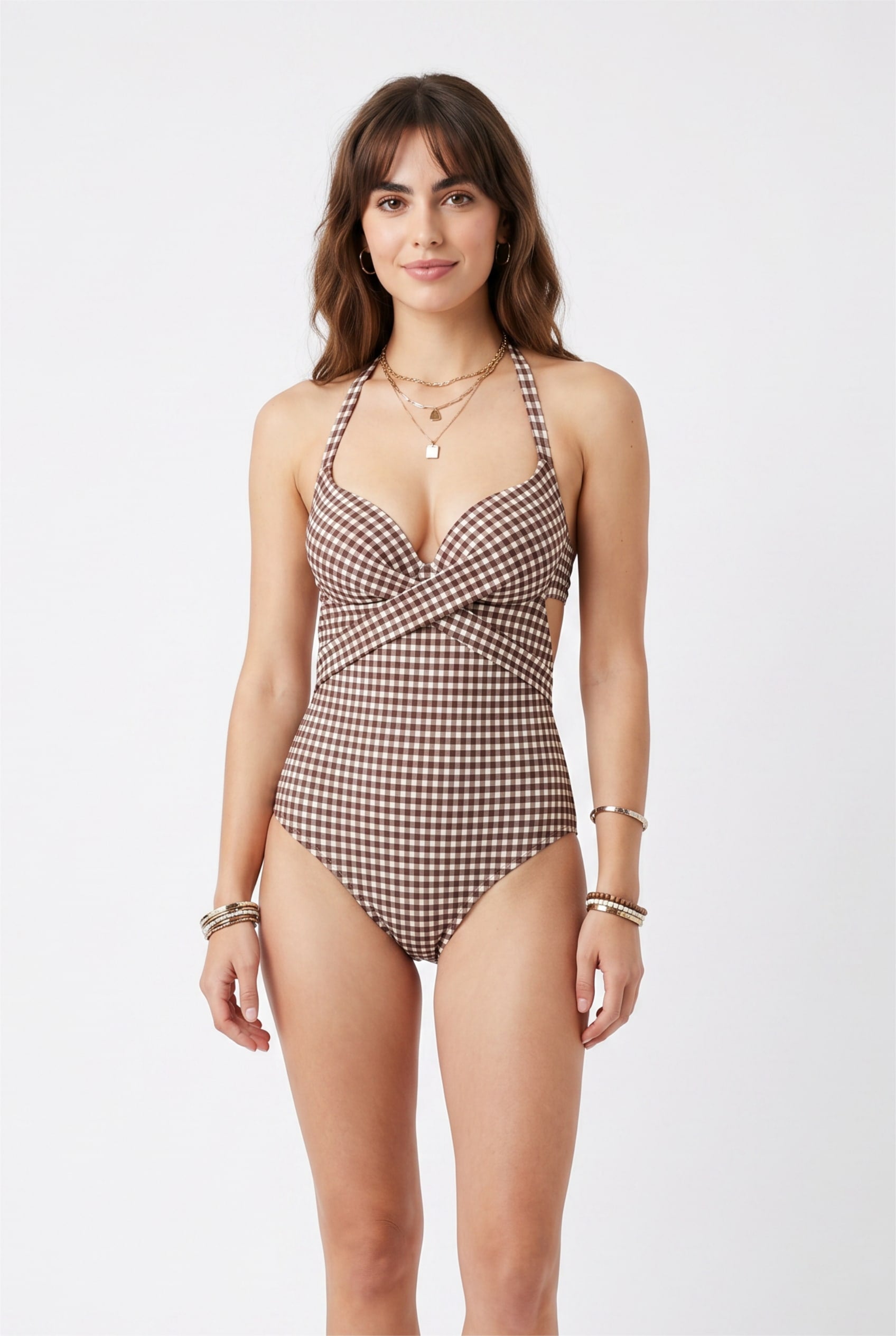 Brown Gingham Twist Front Halter Swimsuit