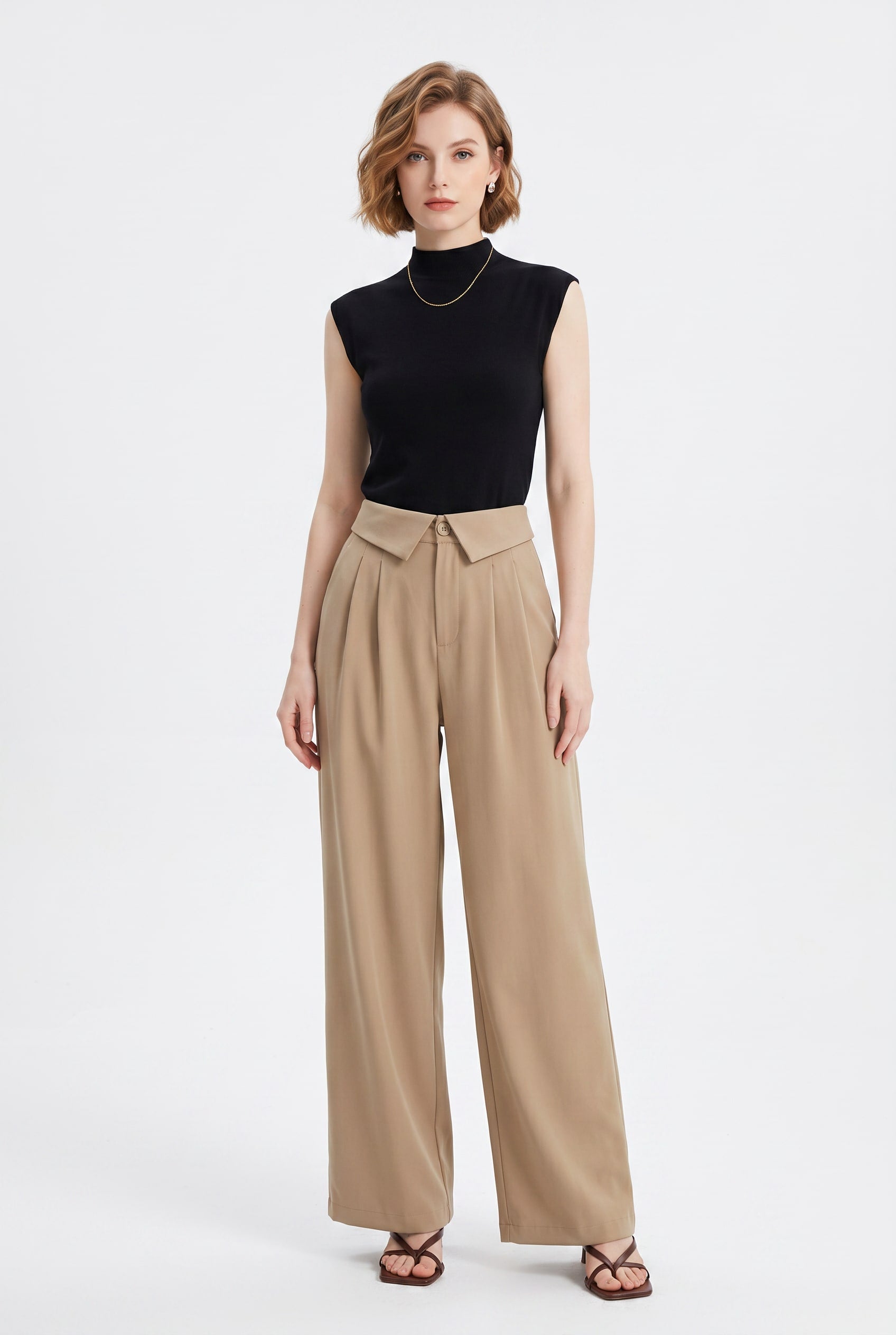 Beige High-Waisted Wide Leg Pleated Trousers