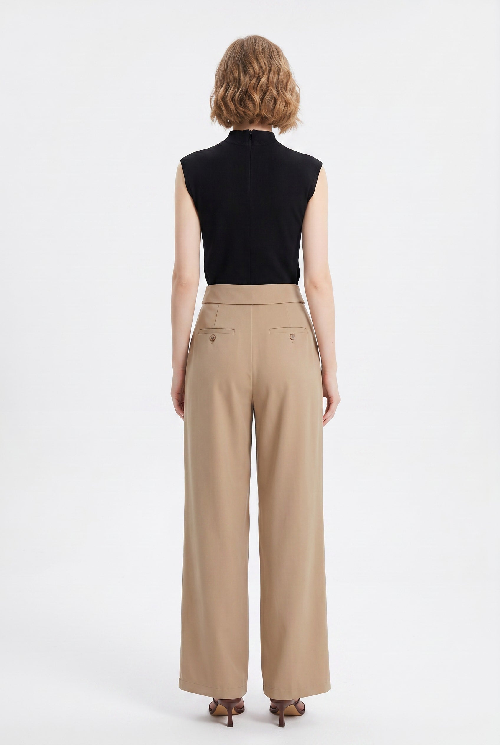 Beige High-Waisted Wide Leg Pleated Trousers