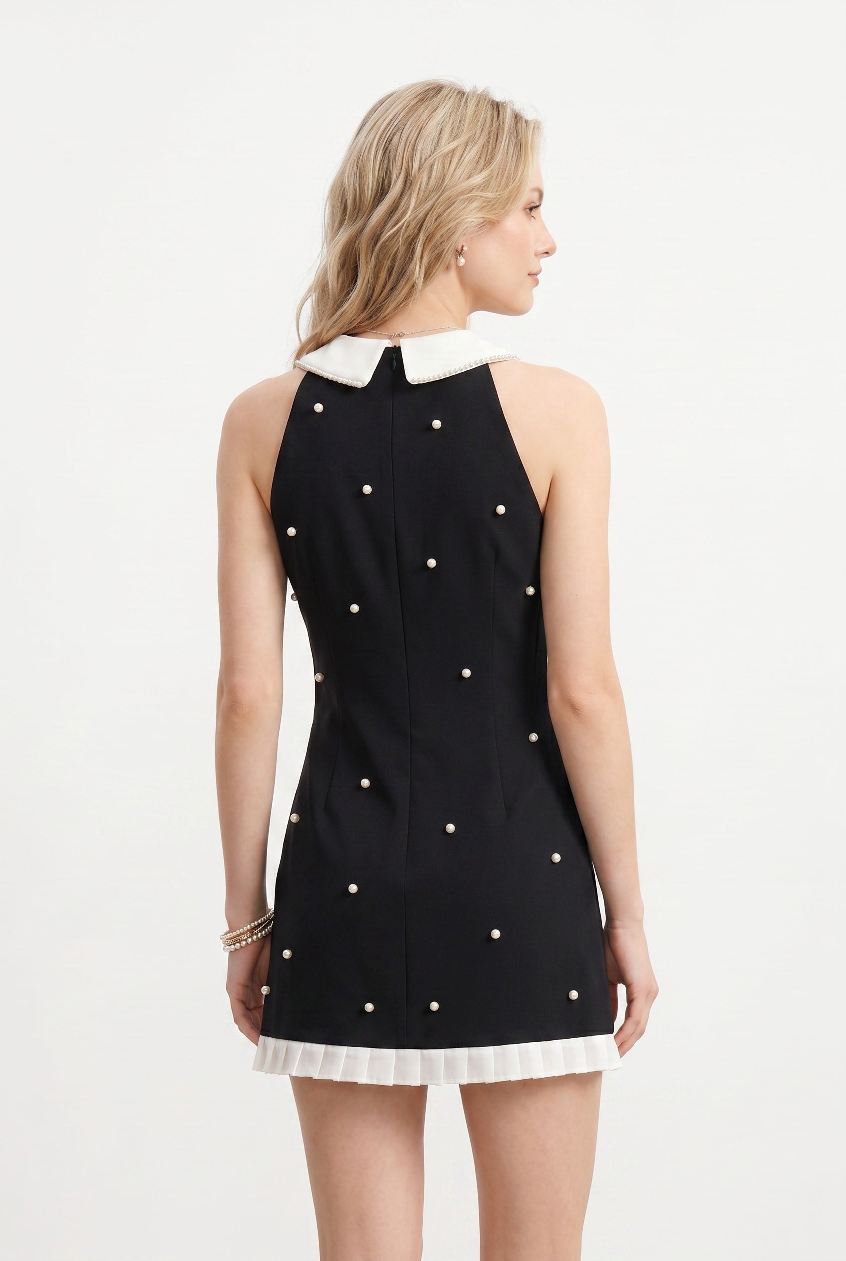 Black White Pearl-Button Collar Mini Dress