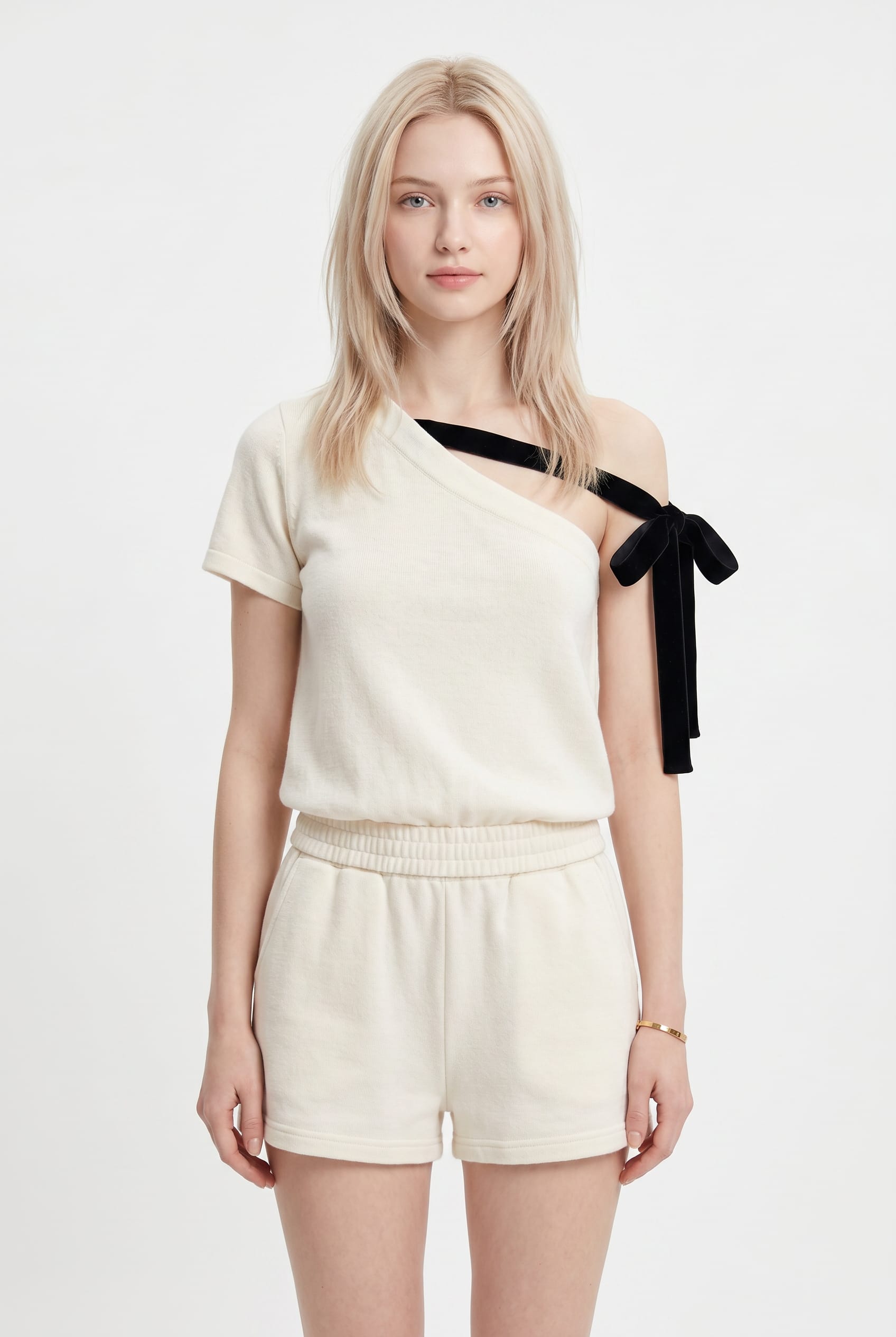Cream Asymmetric One-Shoulder Top with Bow