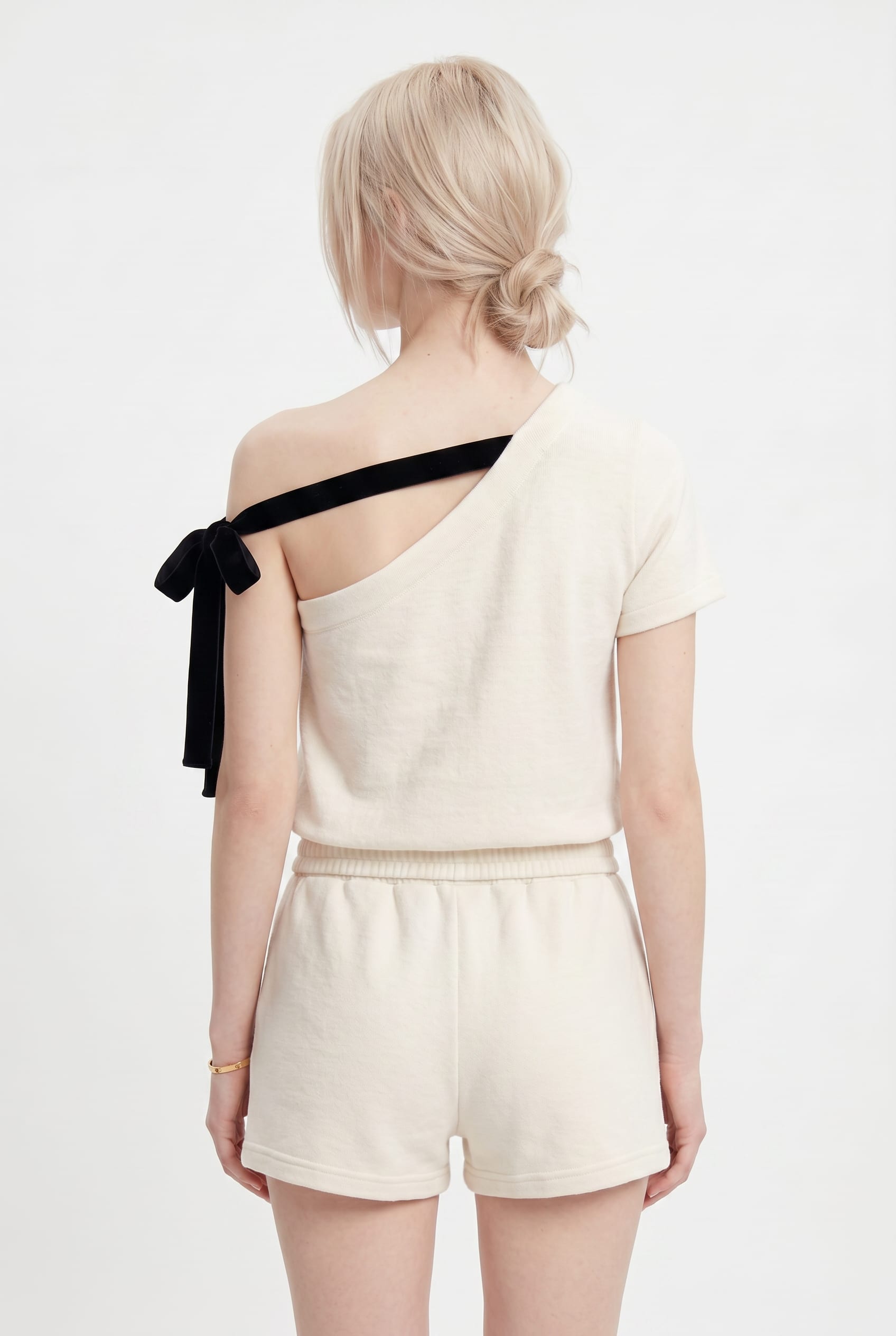 Cream Asymmetric One-Shoulder Top with Bow