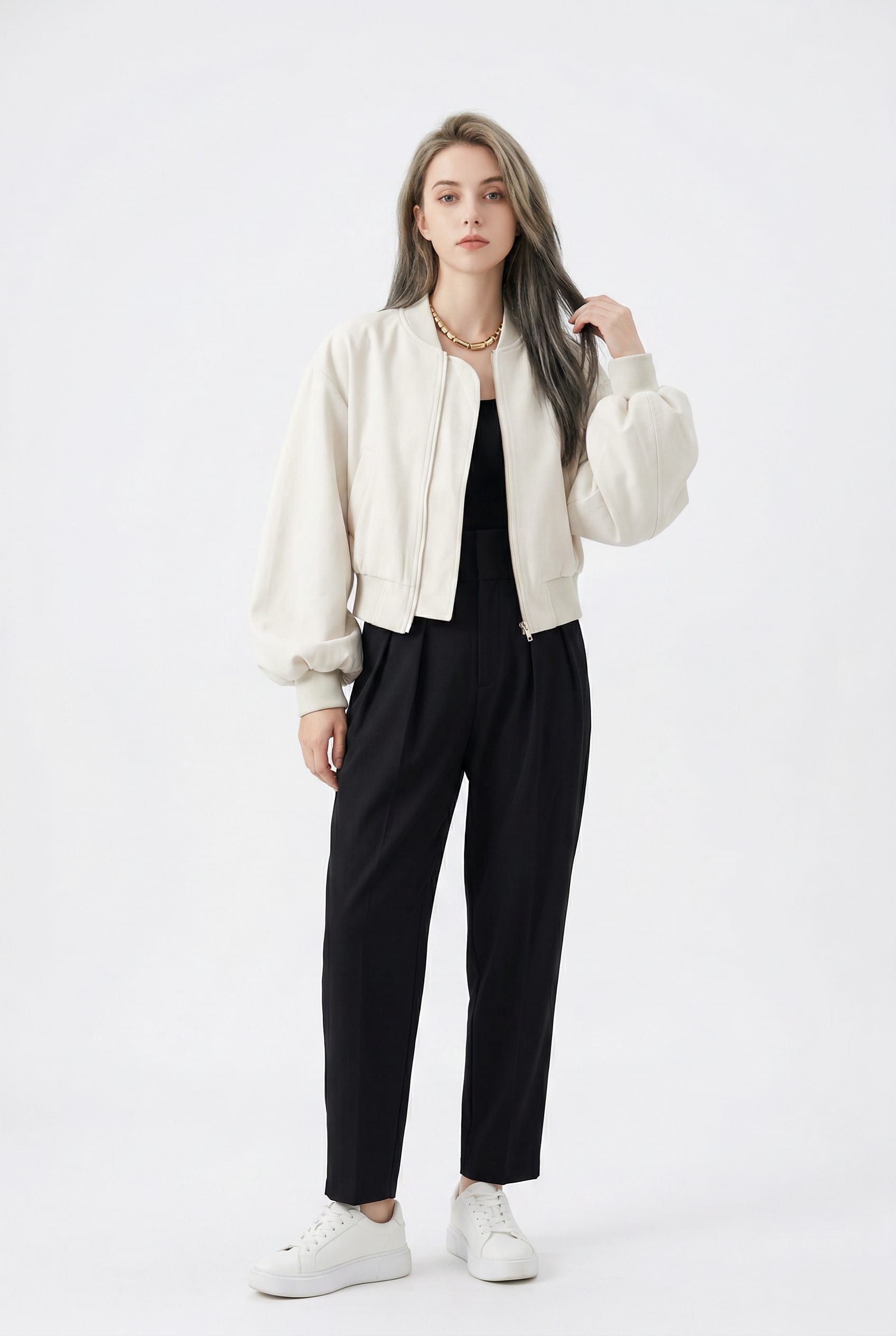 Cream Cropped Bomber Jacket