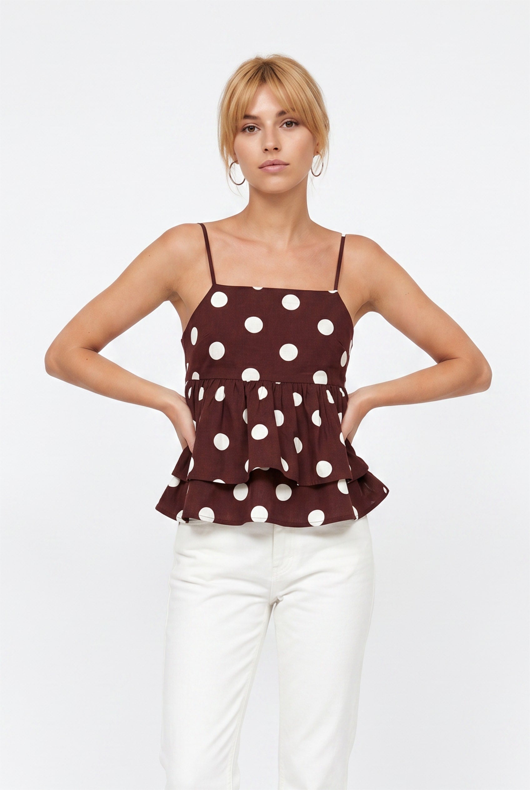 Chocolate Brown Polka Dot Peplum Cami Top