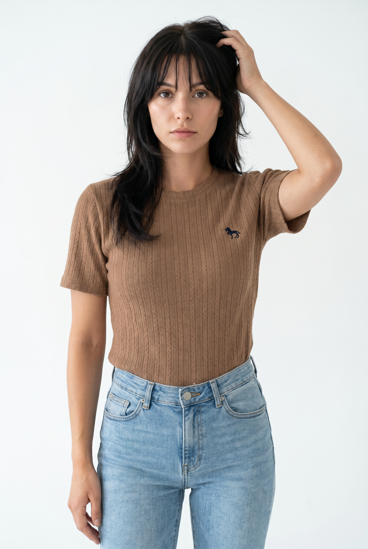 Brown Cable Knit Fitted Shirt