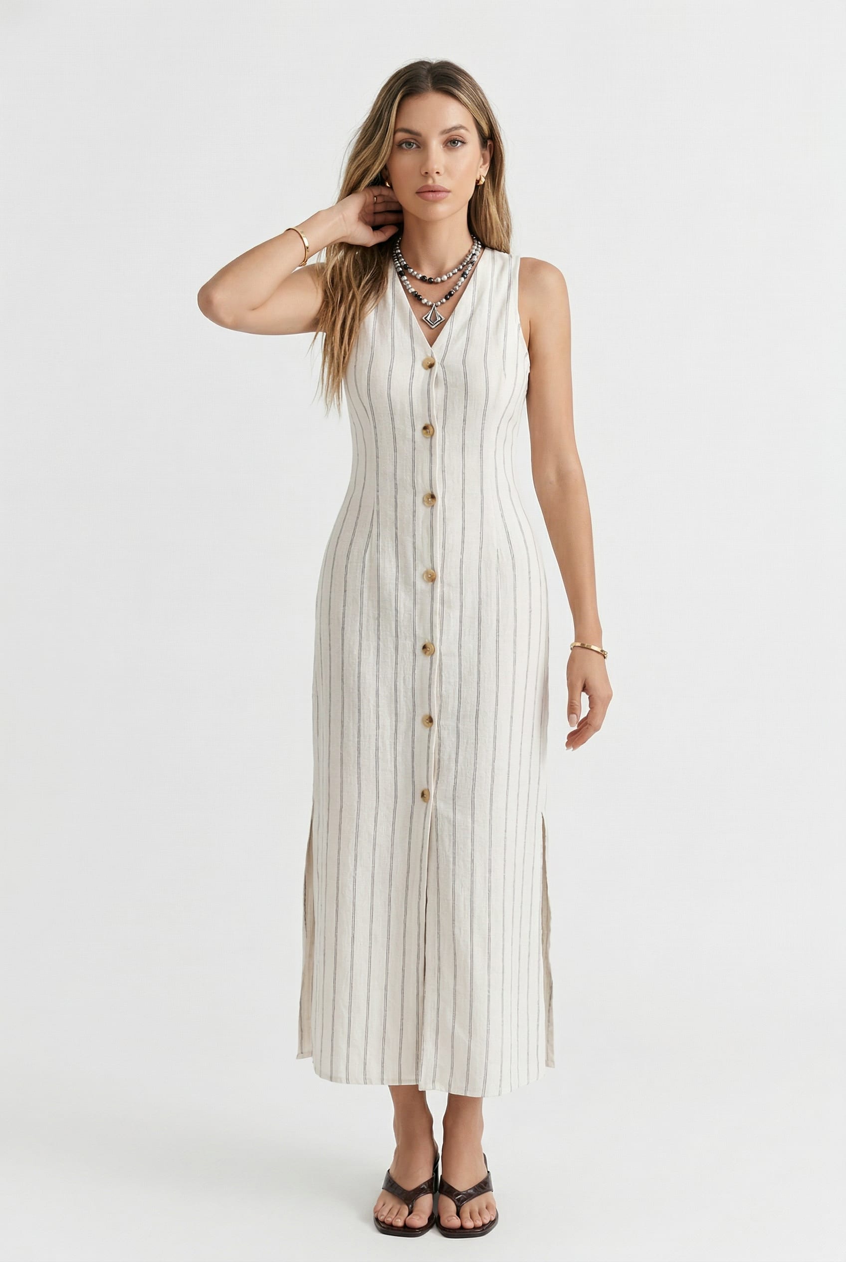 Cream Striped Button-Front Maxi Dress